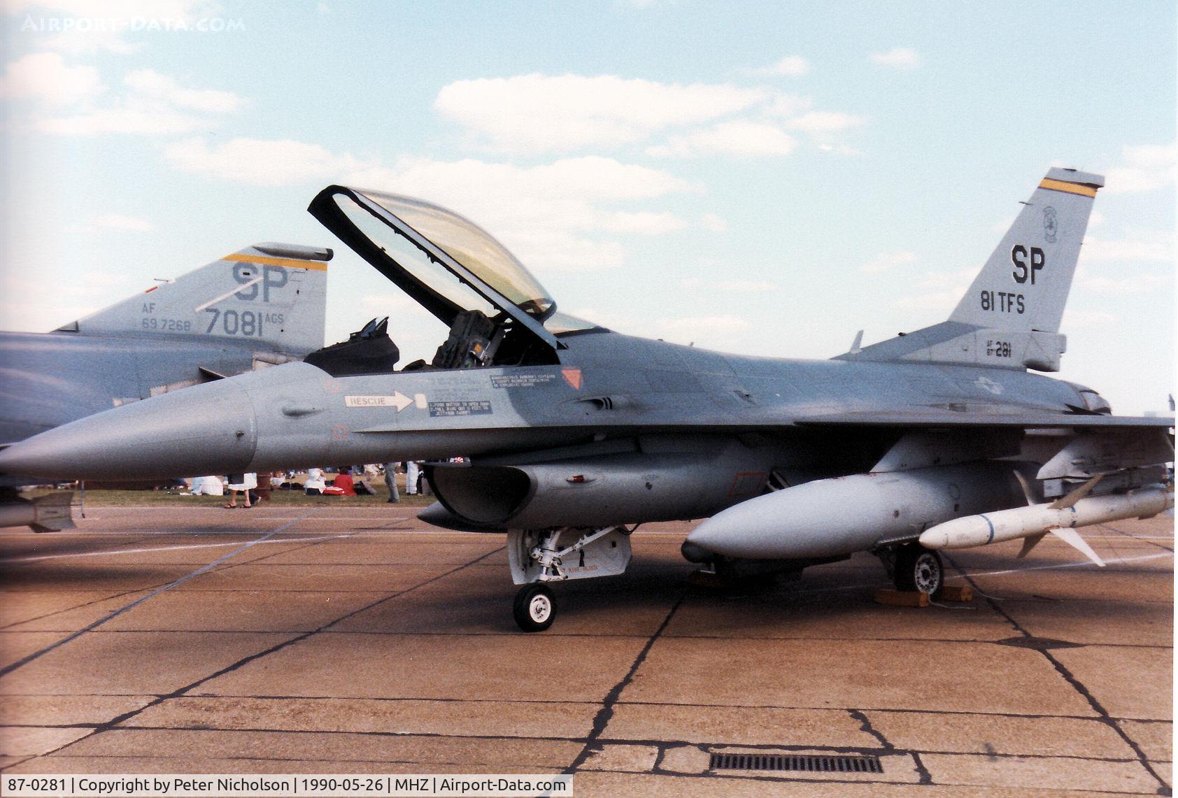 87-0281, 1986 General Dynamics F-16C Fighting Falcon C/N 5C-542, F-16C Falcon of Spangdahlem's 81st Tactical Fighter Squadron/542nd Tactical Fighter Wing on display at the 1990 RAF Mildenhall Air Fete.