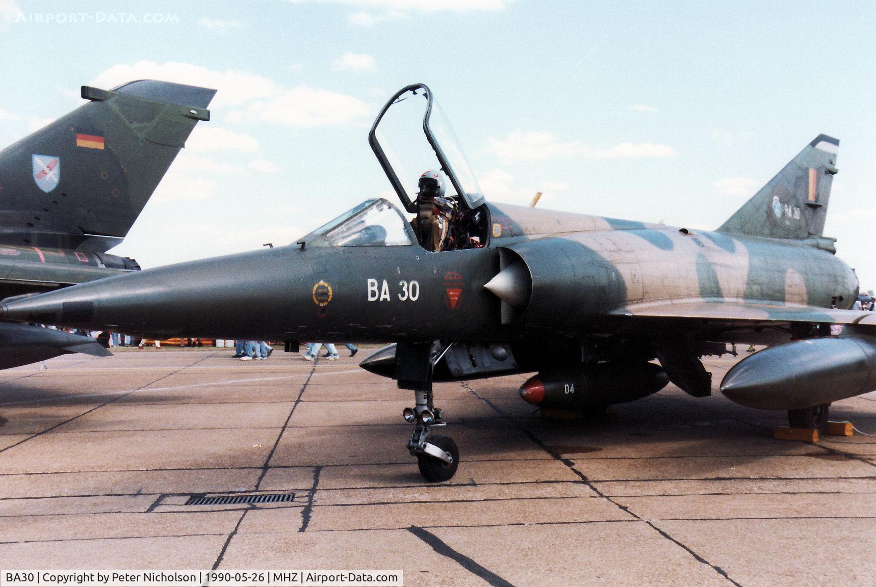 BA30, SABCA Mirage 5BA C/N 30, Mirage 5BA of 8 Squadron Belgian Air Force in the static park at the 1990 RAF Mildenhall Air Fete.