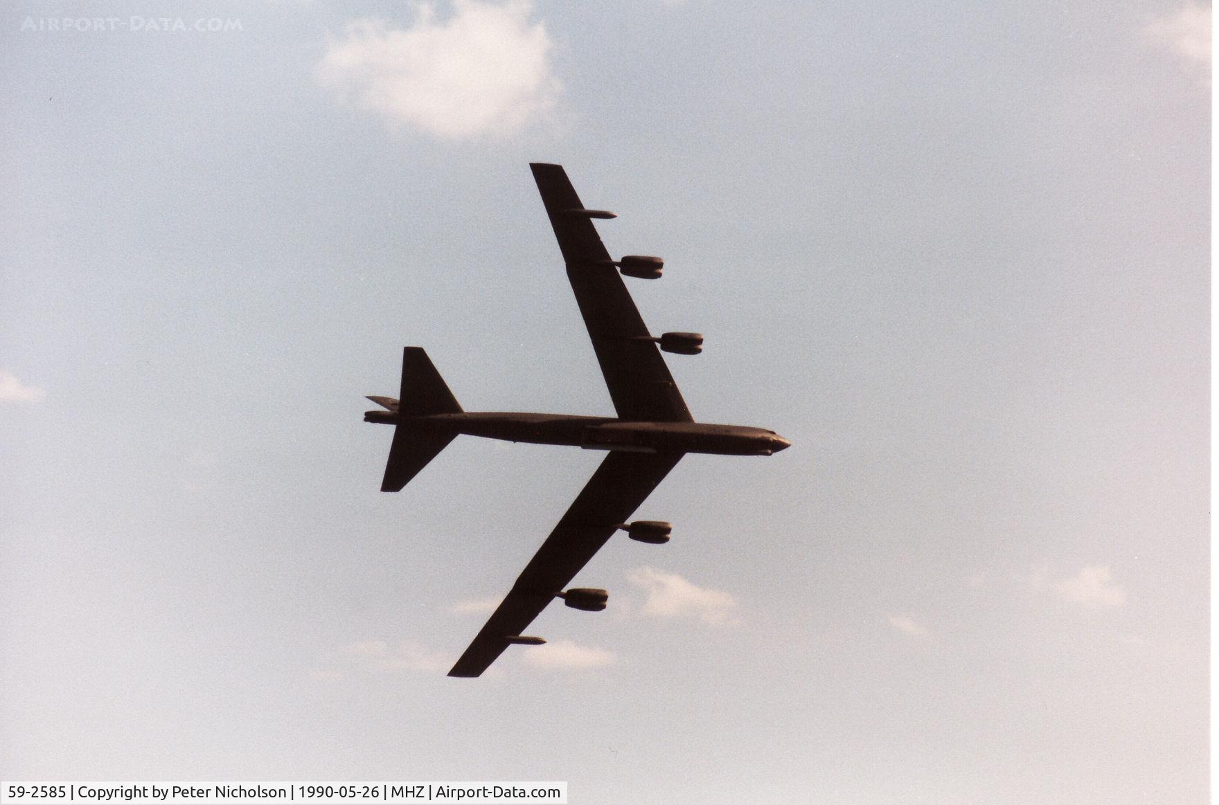 59-2585, 1959 Boeing B-52G Stratofortress C/N 464348, B-52G, callsign Moose 25, of 69th Bomb Squadron/42nd Bomb Wing on a fly-past at the 1990 RAF Mildenhall Air Fete.