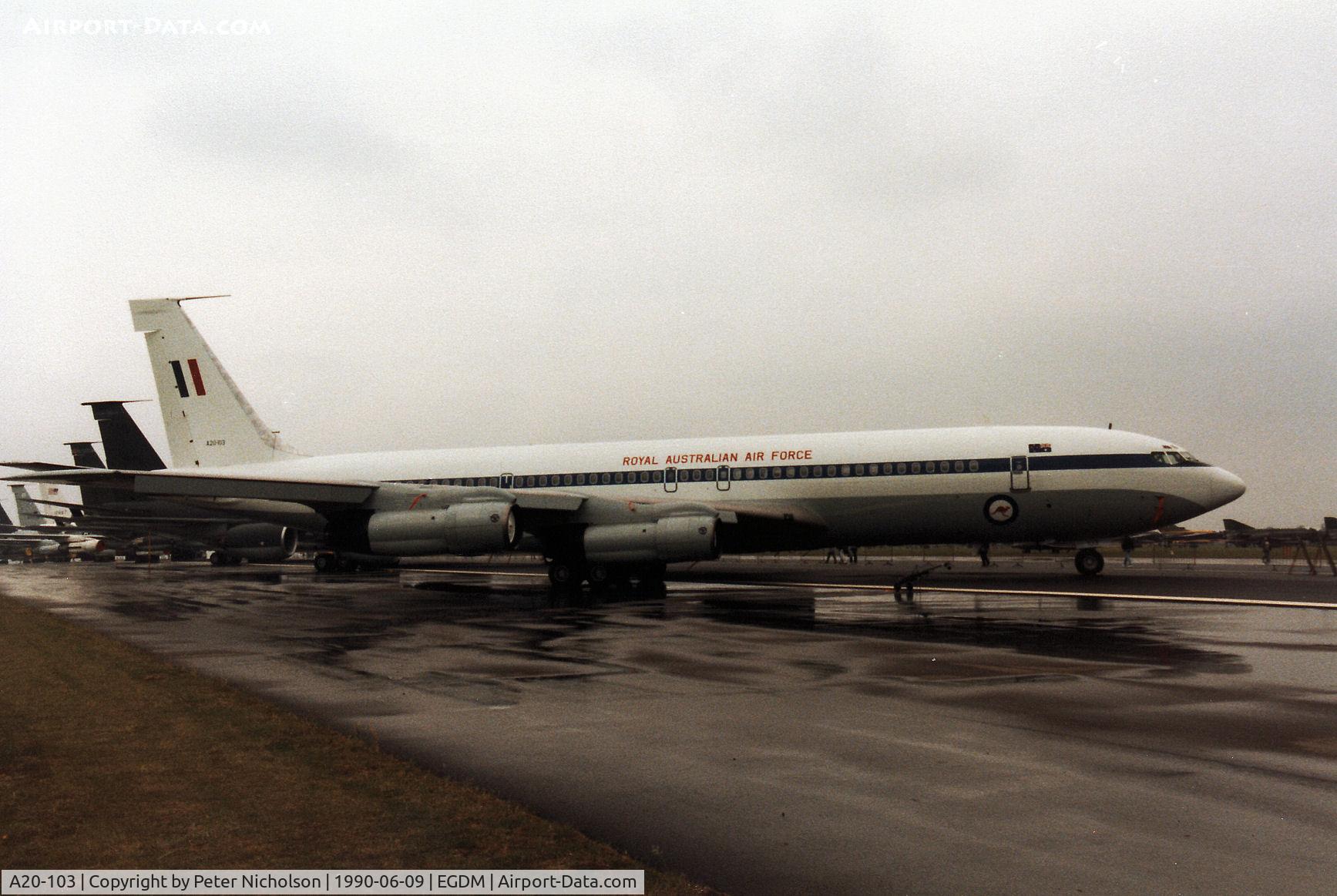 A20-103, 1975 Boeing 707-368C C/N 21103, Boeing 707-368C, callsign Embassy 198, of 33 Squadron Royal Australian Air Force on display at the 1990 Boscombe Down Battle of Britain 50th Anniversary Airshow.