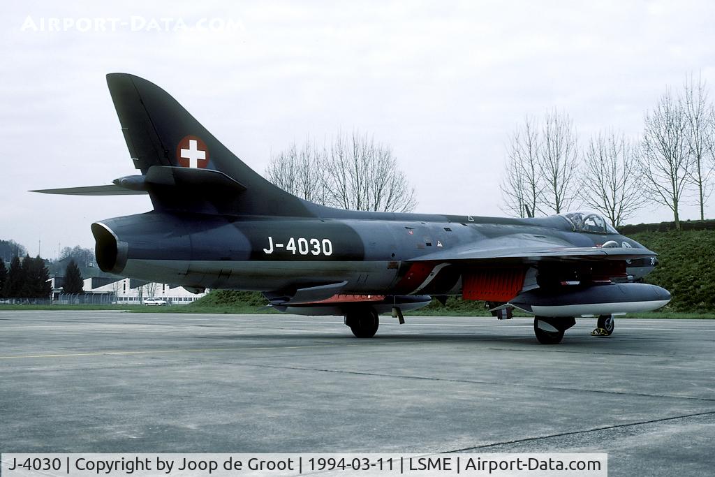 J-4030, 1958 Hawker Hunter F.58 C/N 41H-697397, Patrouille Suisse Hunter at its home base. 1994 was the last year Patrouille Suisse opereted the elegant Hunter.