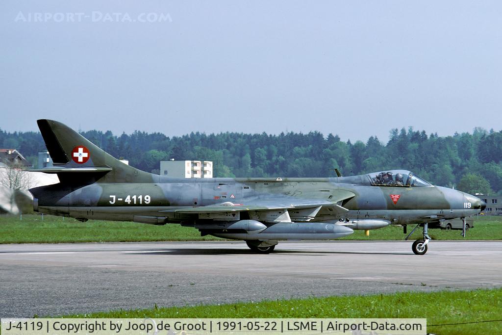 J-4119, Hawker Hunter F.58A C/N 41H/670826, In 1991 the Swiss air force still operated over 100 Hawker Hunters. By political decission the Hunter was phased out three years later.