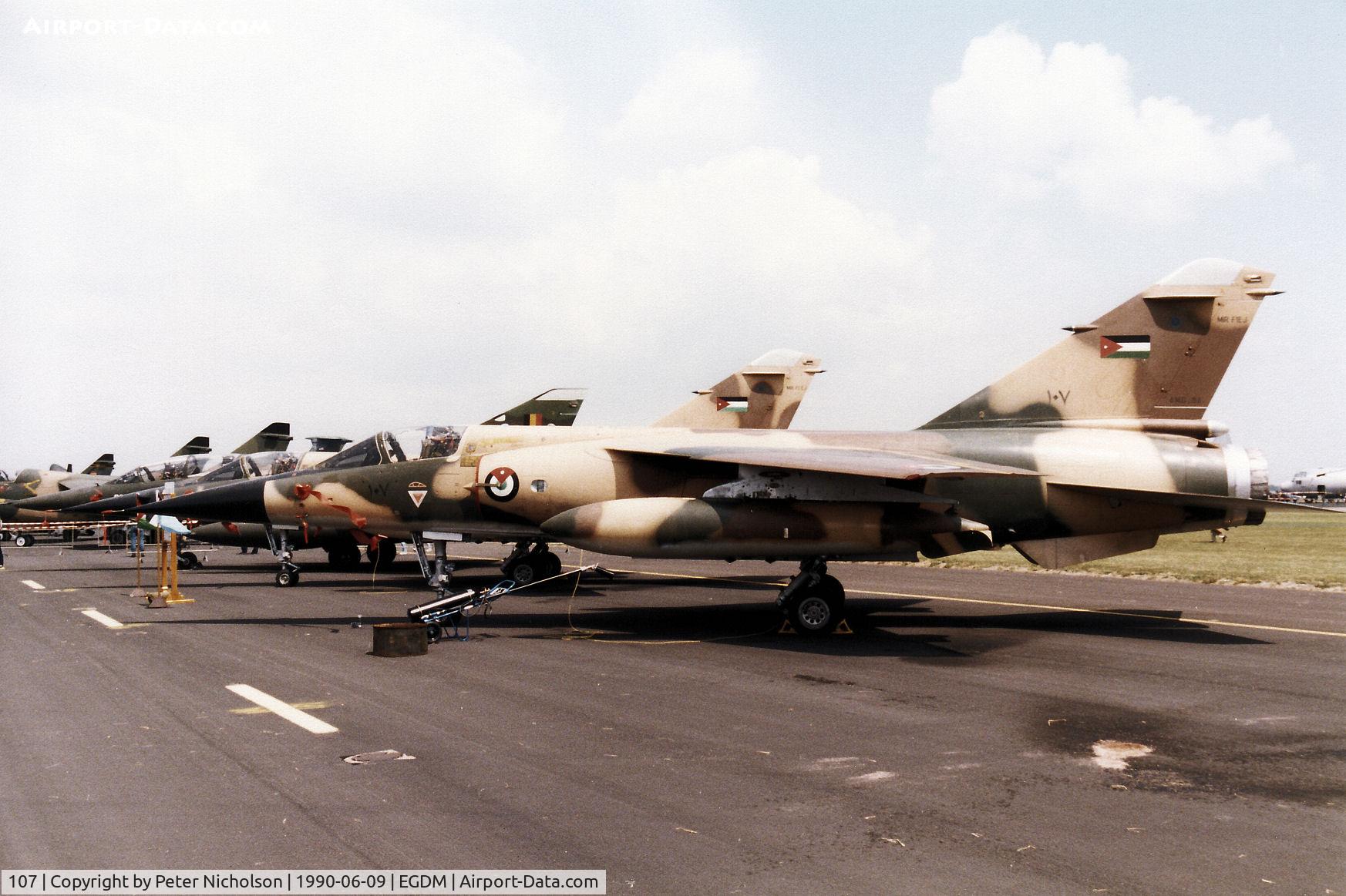 107, Dassault Mirage F.1EJ C/N Not found 107, Mirage F.1EJ of 26 Squadron Royal Jordanian Air Force on display at the 1990 Boscombe Down Battle of Britain 50th Anniversary Airshow.