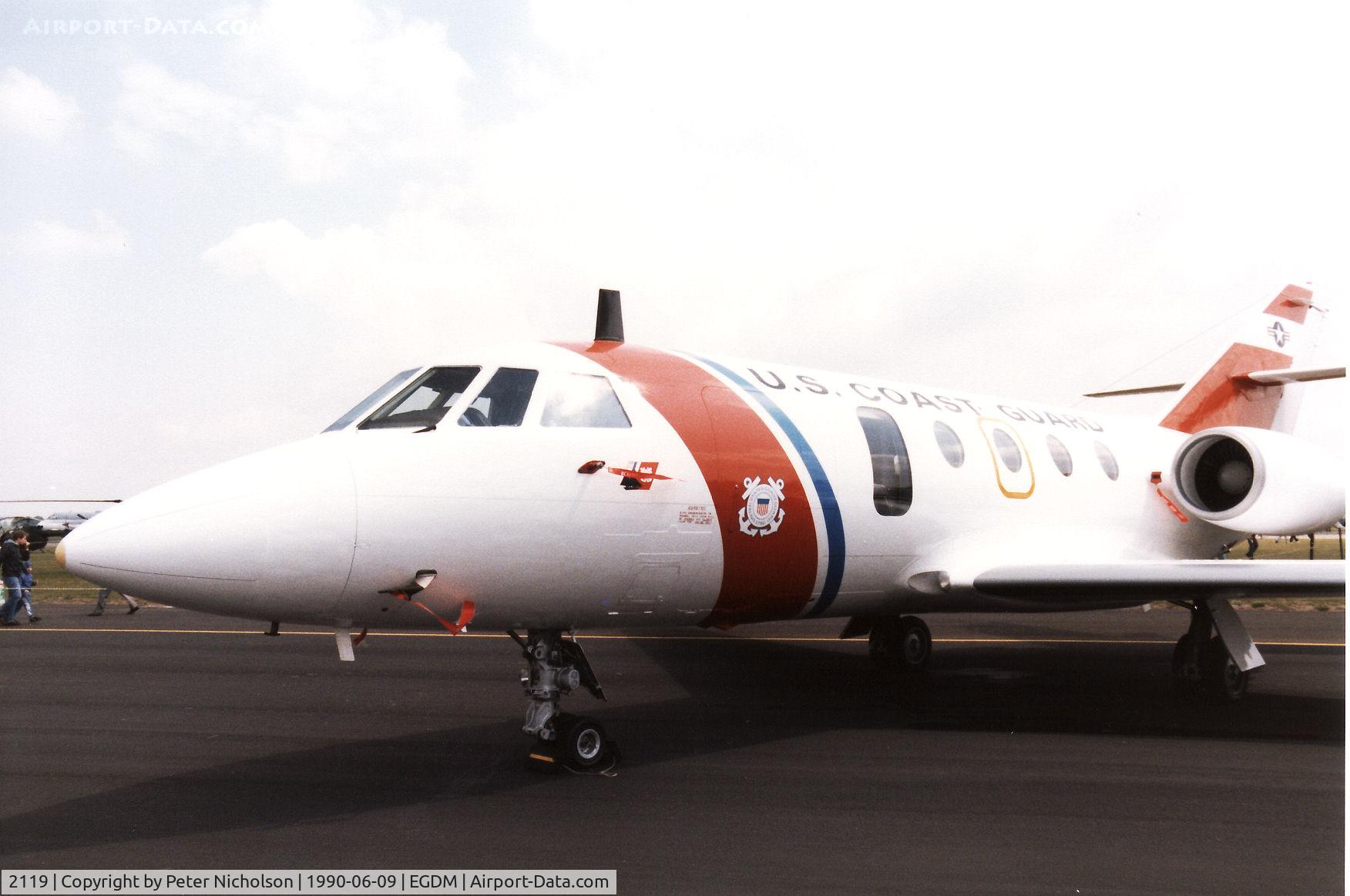 2119, Dassault HU-25A Guardian C/N 424, HU-25A Guardian of the United States Coast Guard Station Mobile on display at the 1990 Boscombe Down Battle of Britain 50th Anniversary Airshow.