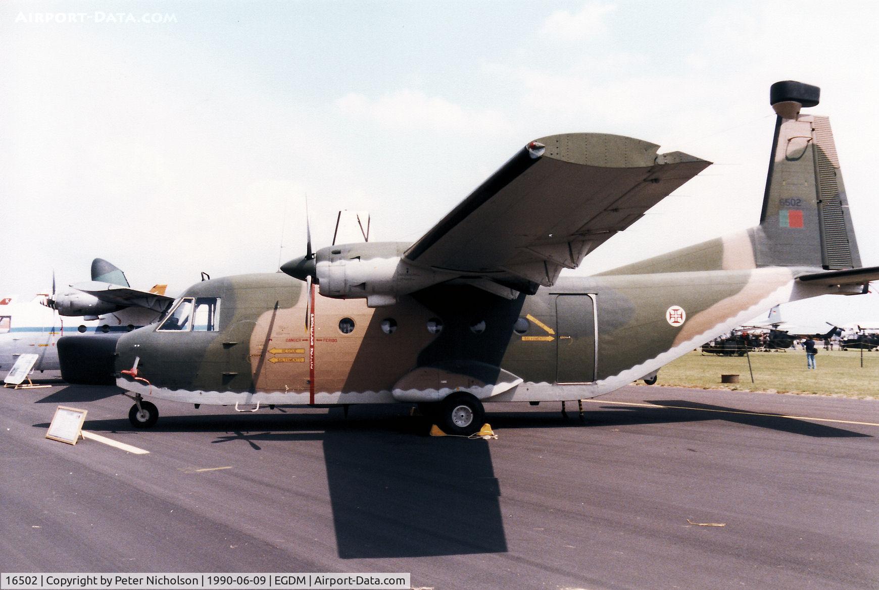 16502, 1974 CASA C-212-100 ECM C/N 14, CASA ECM Aviocar of 502 Esquadron Portuguese Air Force at Sintra Air Base on display at the 1990 Boscombe Down Battle of Britain 50th Anniversary Airshow.