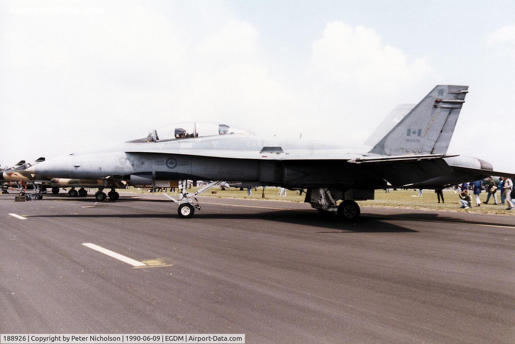 188926, 1988 McDonnell Douglas CF-188B Hornet C/N 0675/B097, CF-18B Hornet of 421 Squadron Canadian Armed Forces on display at the 1990 Boscombe Down Battle of Britain 50th Anniversary Airshow.