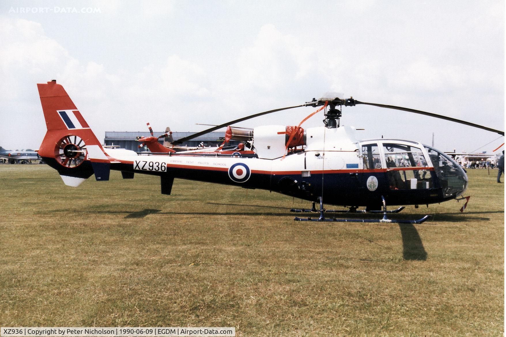 XZ936, Westland SA-341D Gazelle HT3 C/N WA1743, Gazelle HT.3 of the Empire Test Pilots School on display at the 1990 Boscombe Down Battle of Britain 50th Anniversary Airshow.