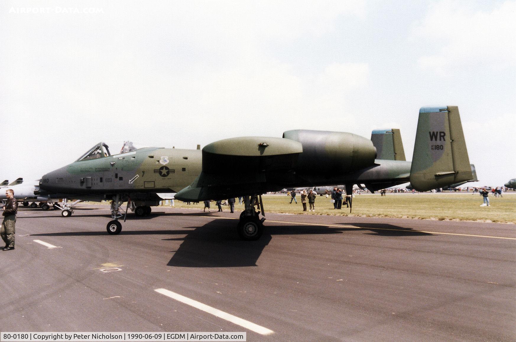 80-0180, 1980 Fairchild Republic A-10A Thunderbolt II C/N A10-0530, A-10A Thunderbolt, callsign Bison 32, of 91st Tactical Fighter Squadron/81st Tactical Fighter Wing on display at the 1990 Boscombe Down Battle of Britain 50th Anniversary Airshow.