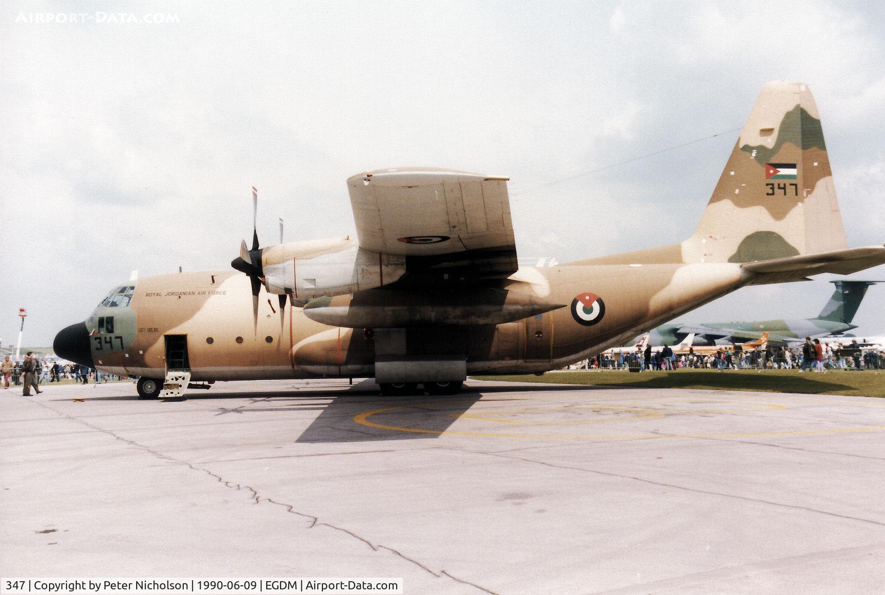 347, Lockheed C-130H Hercules C/N 382-4929, C-130H Hercules of 3 Squadron Royal Jordanian Air Force on display at the 1990 Boscombe Down Battle of Britain 50th Anniversary Airshow.