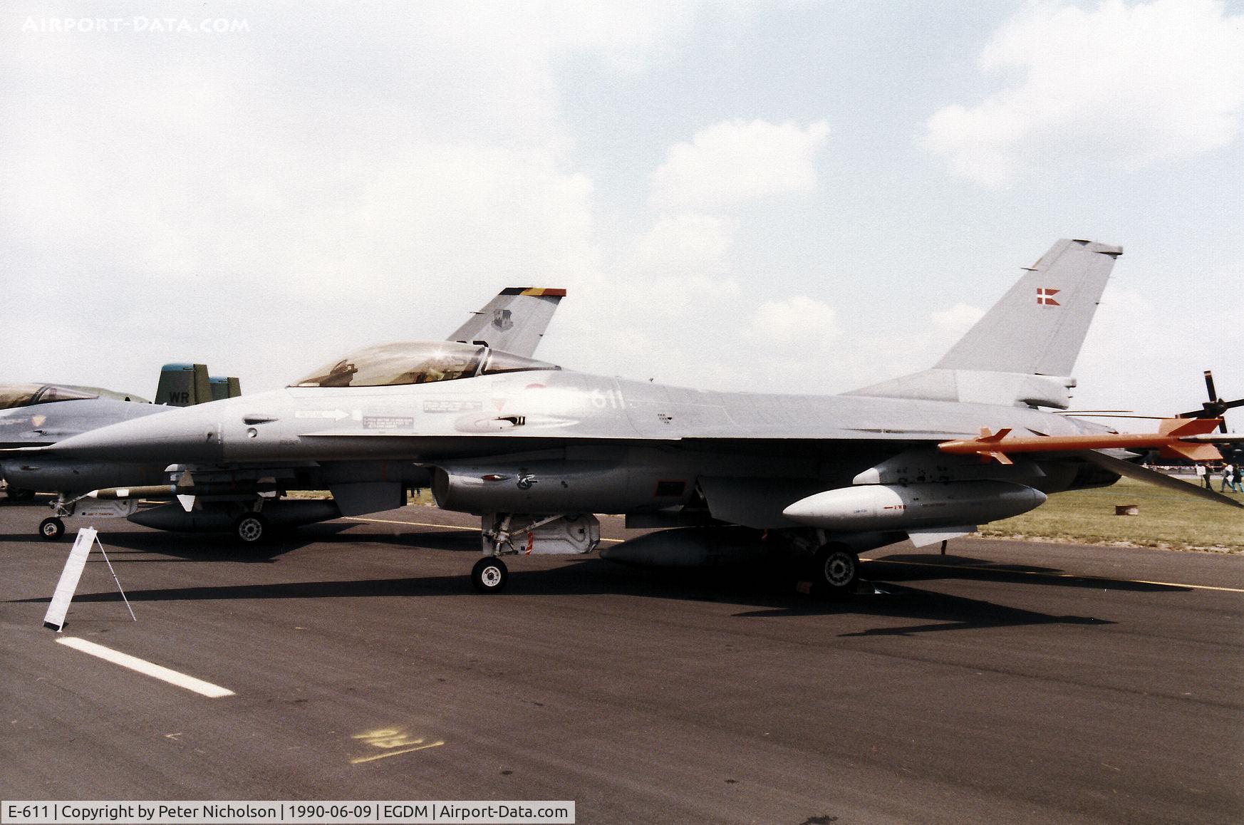E-611, 1983 SABCA F-16AM Fighting Falcon C/N 6F-46, F-16A Falcon of Eskradille 722 Royal Danish Air Force on display at the 1990 Boscombe Down Battle of Britain 50th Anniversary Airshow.