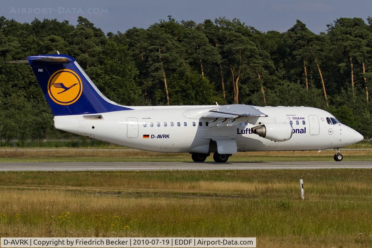 D-AVRK, 1996 British Aerospace Avro 146-RJ85 C/N E.2278, departing via RW18W