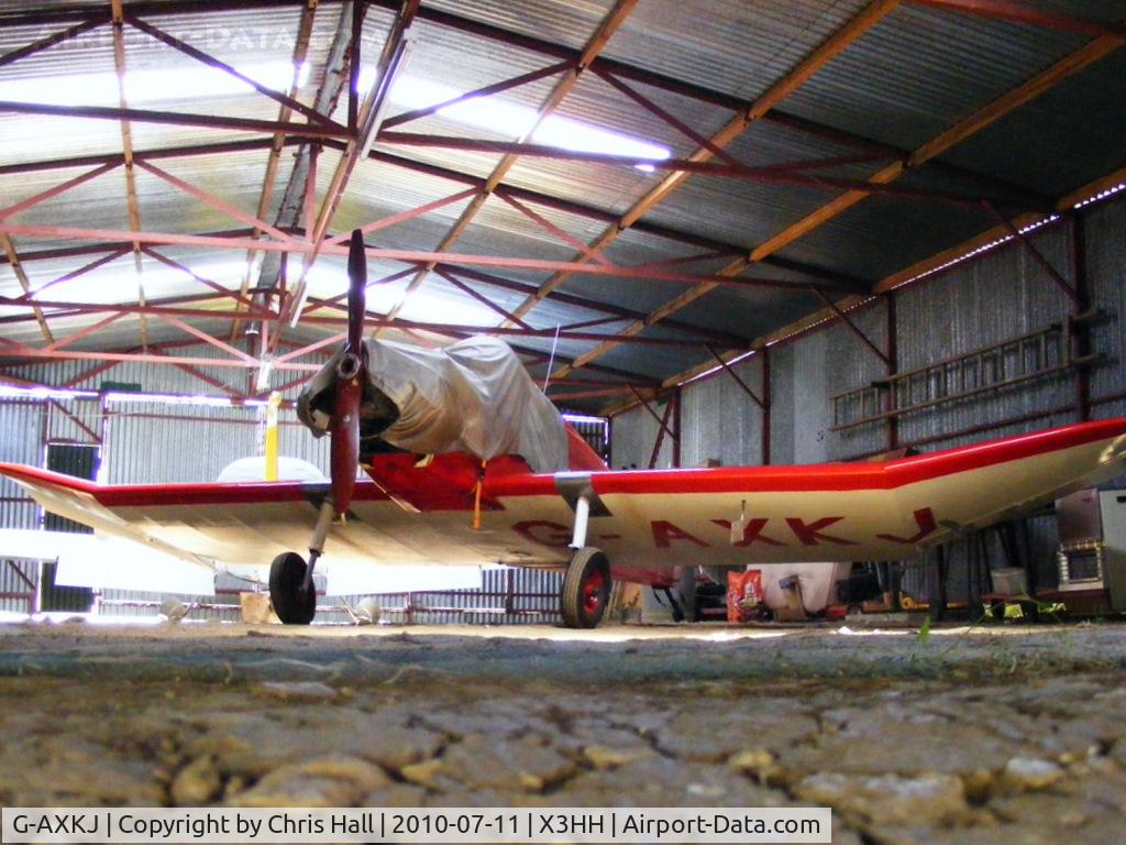 G-AXKJ, 1970 Jodel D-9 Bebe C/N PFA 941, shot from under the hangar door at Hinton in the Hedges.
