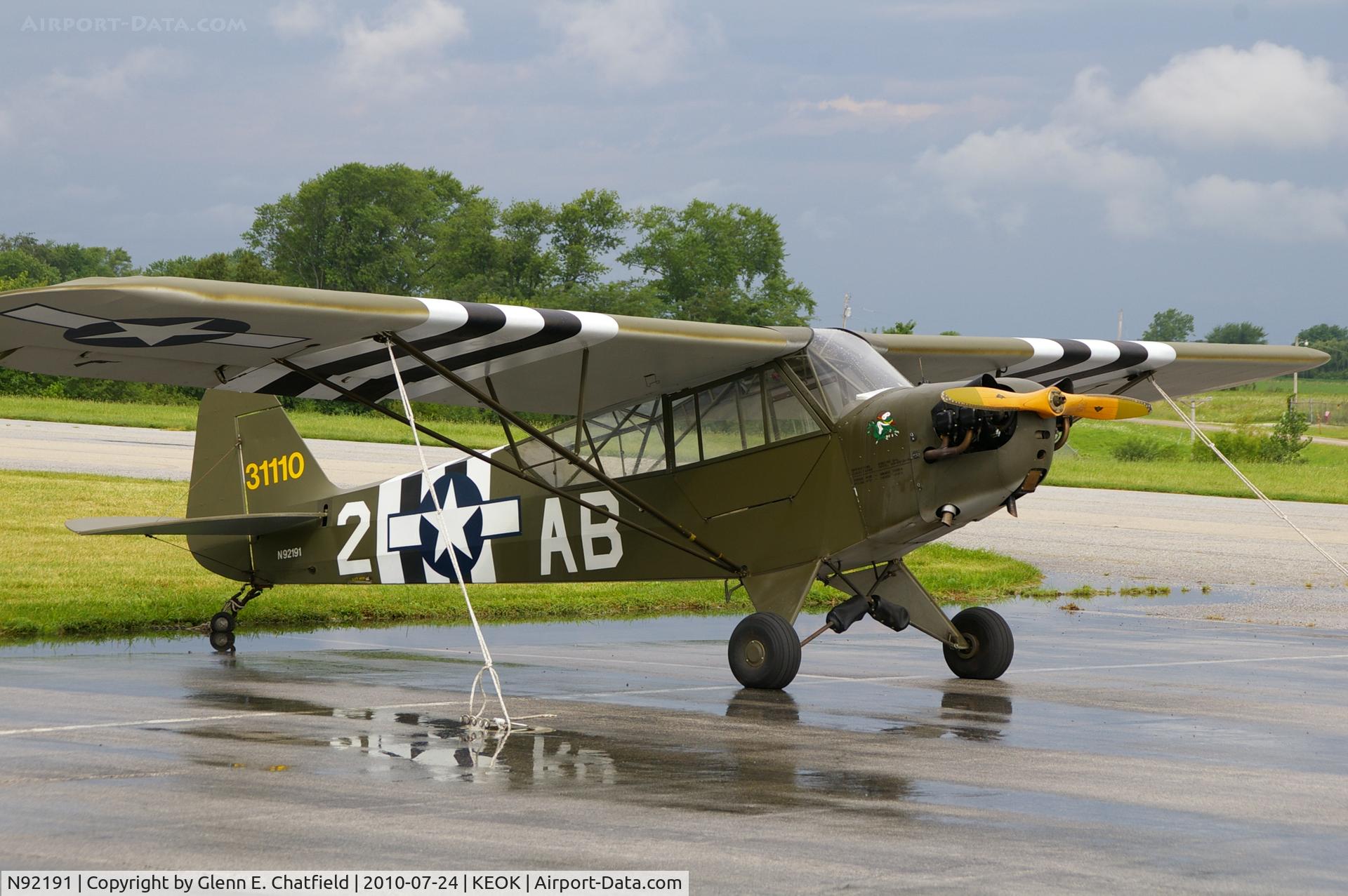 N92191, 1946 Piper J3C-65 Cub C/N 16631, Made up to look like an L-4B, 43-1110.  However, that aircraft was c/n 9931.