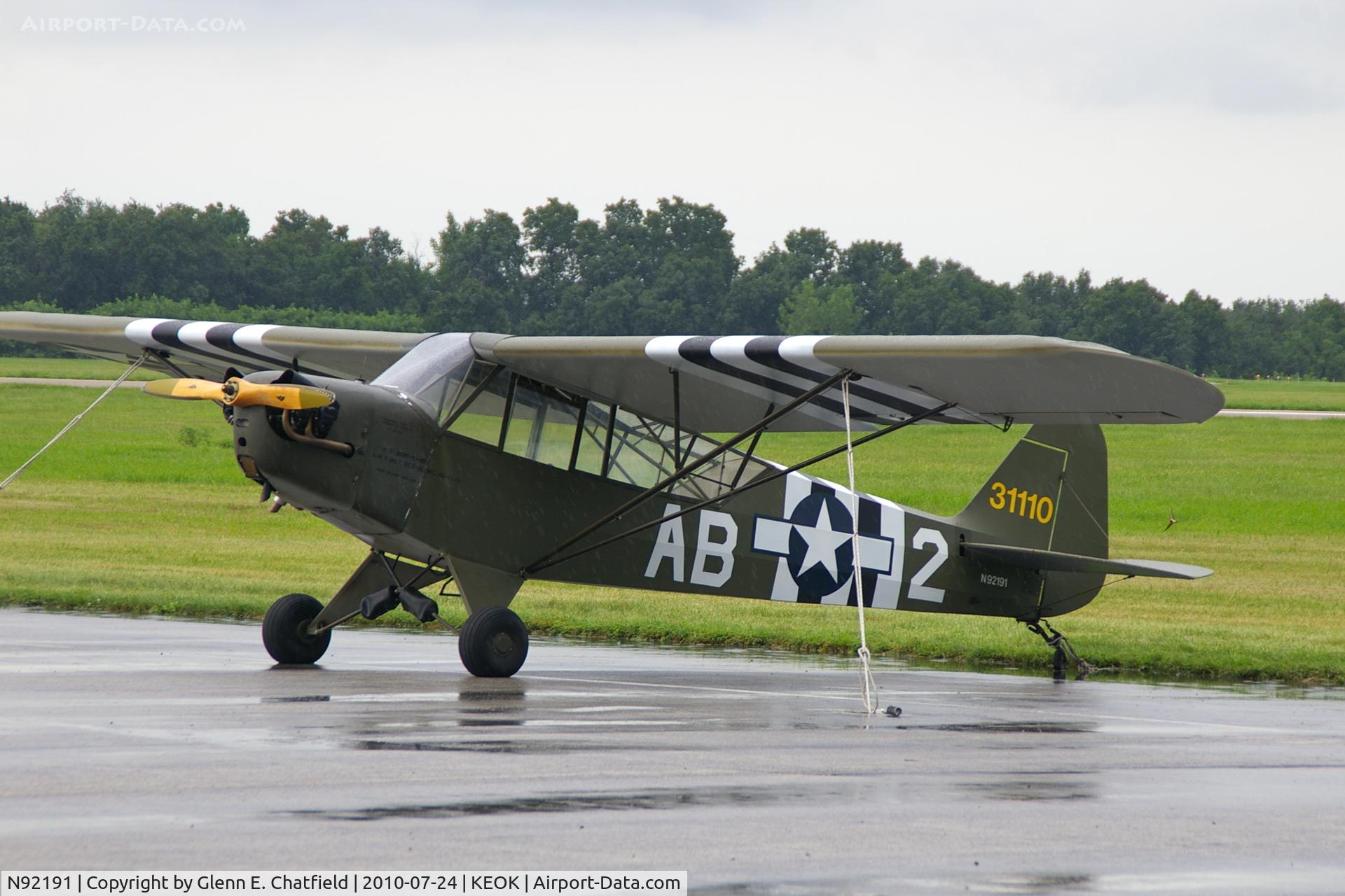 N92191, 1946 Piper J3C-65 Cub C/N 16631, Made up to look like an L-4B, 43-1110.  However, that aircraft was c/n 9931.