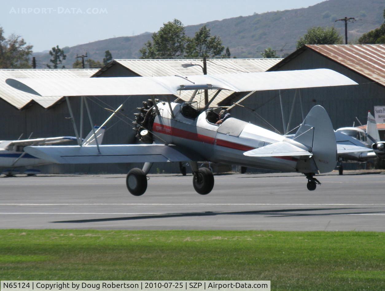 N65124, 1943 Boeing A75N1(PT17) C/N 75-1260, 1943 Boeing Stearman A75N1 'Spirit of OPEC', P&W R-985 Wasp Jr. (by Jacobs) 450 Hp upgrade, square wingtips, Restr. Exper. class, takeoff climb Rwy 22