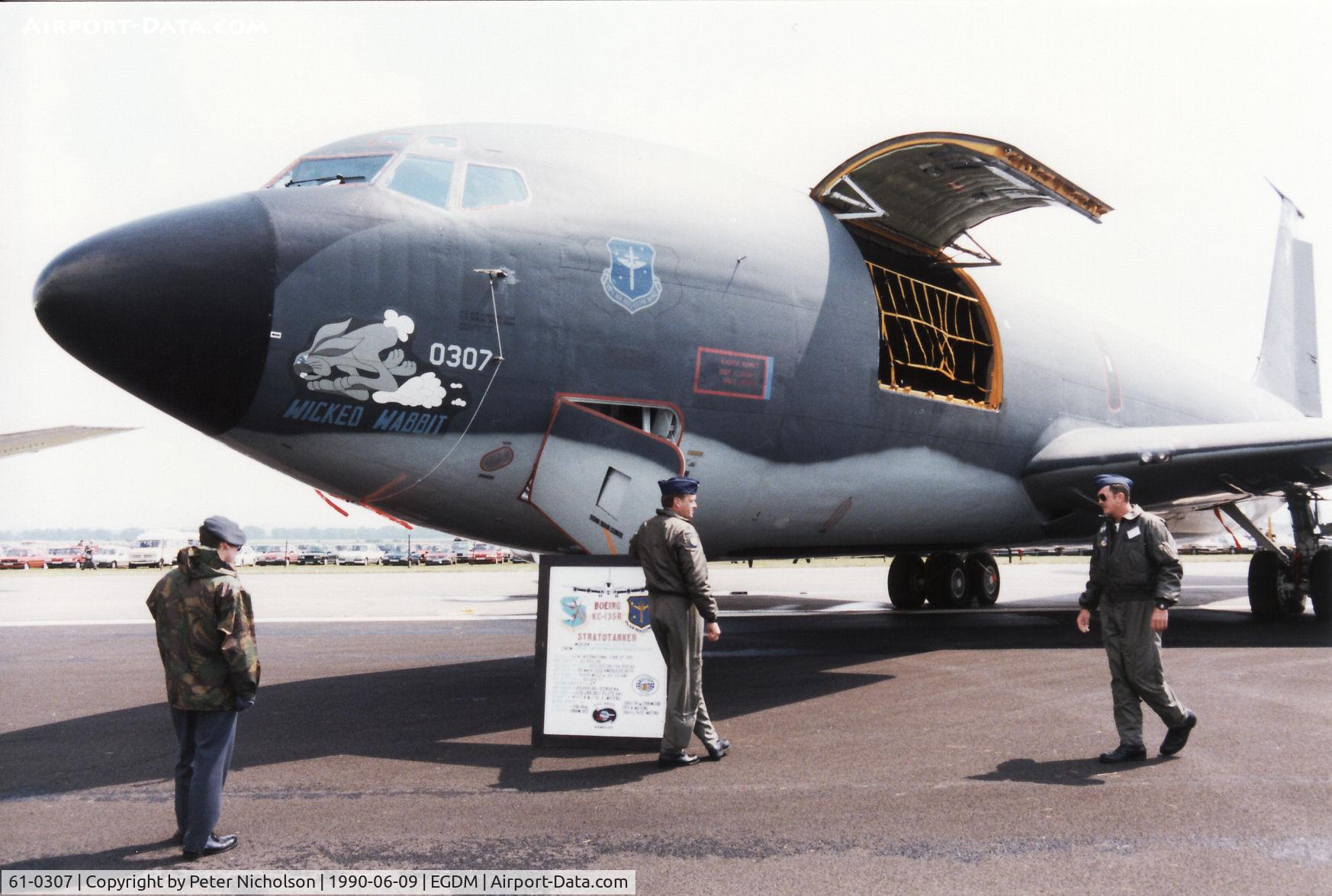 61-0307, 1961 Boeing KC-135R Stratotanker C/N 18214, KC-135R Stratotanker named Wicked Wabbit, callsign Rhet 51, of 19th Air Refuelling Wing on display at the 1990 Boscombe Down Battle of Britain 50th Anniversary Airshow.