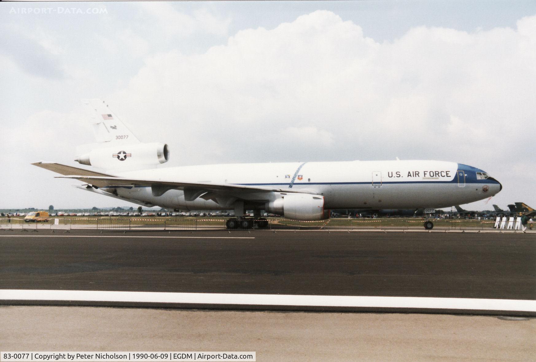 83-0077, 1983 McDonnell Douglas KC-10A Extender C/N 48218, KC-10A Extender named Great White of 68th Air Refuelling Wing at Seymour-Johnson AFB on display at the 1990 Boscombe Down Battle of Britain 50th Anniversary Airshow.