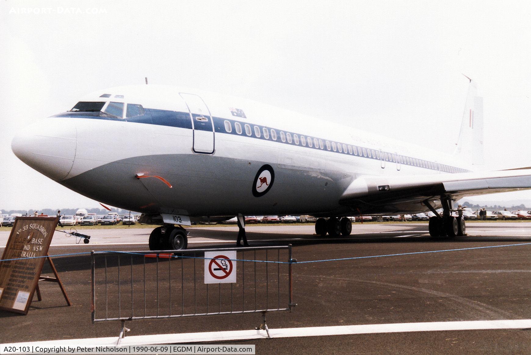 A20-103, 1975 Boeing 707-368C C/N 21103, Boeing 707-368C, callsign Embassy 198, of 33 Squadron Royal Australian Air Force on display at the 1990 Boscombe Down Battle of Britain 50th Anniversary Airshow.