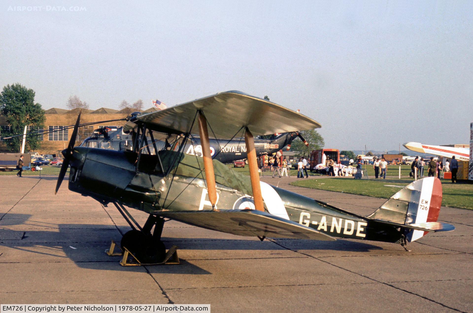 EM726, 1943 De Havilland DH-82A Tiger Moth II C/N 85957, DH.82A Tiger Moth II on display in military markings at the 1978 Bassingbourn Airshow.