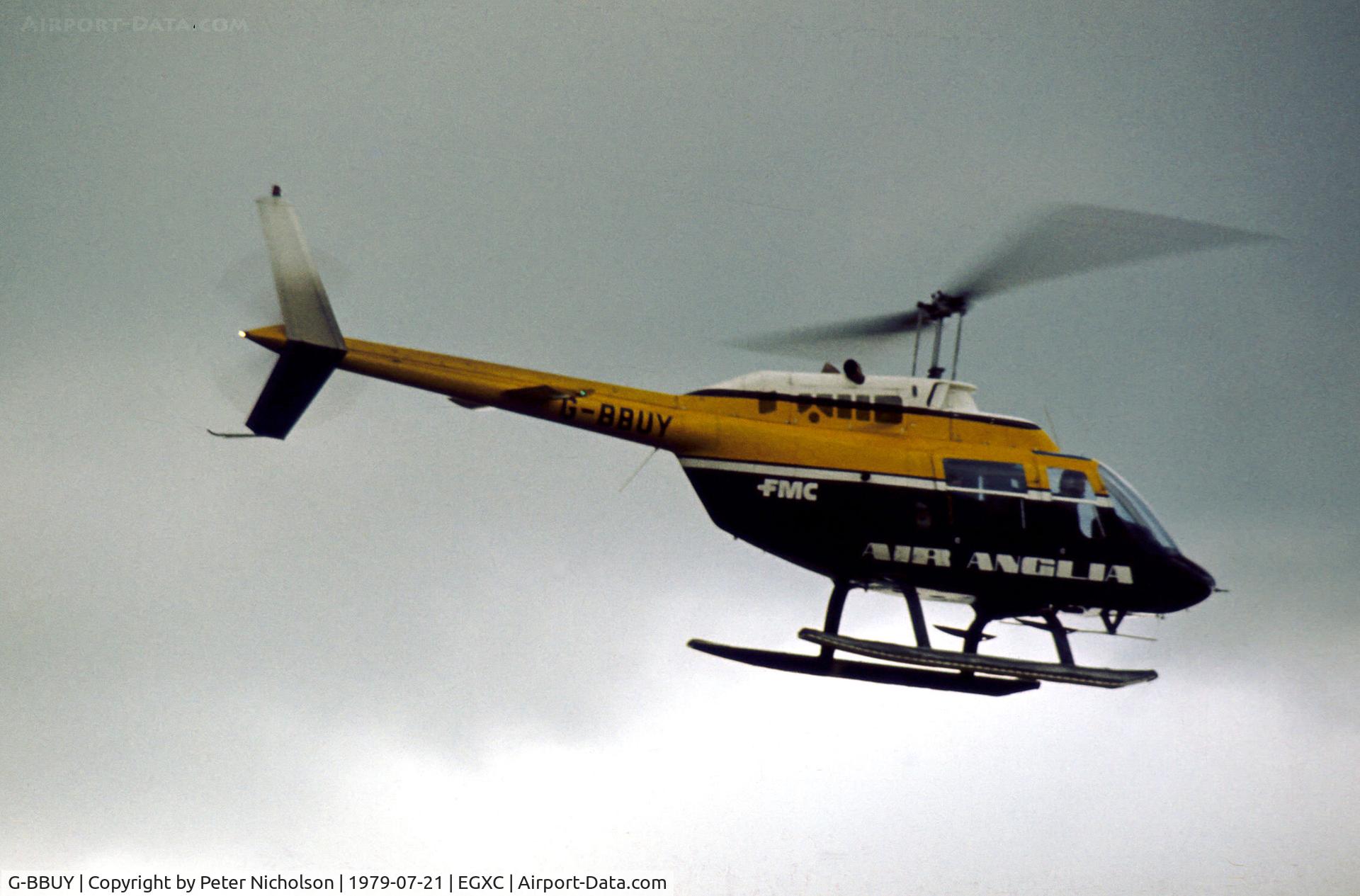 G-BBUY, 1973 Bell 206B JetRanger II C/N 1232, Bell 206B JetRanger II of Air Anglia operated pleasure flights at the 1979 RAF Coningsby Airshow.