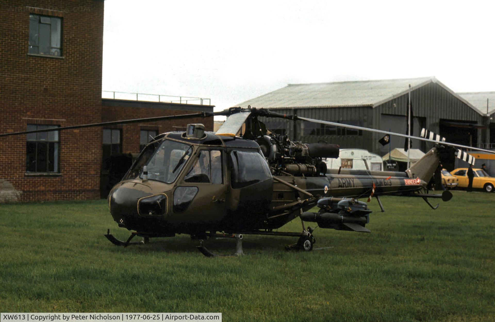 XW613, Westland Scout AH.1 C/N F9741, Scout AH.1 of the Army Air Corps Development & Trials Squadron at Middle Wallop on display at the 1977 Intnl Air Tattoo at RAF Greenham Common.
