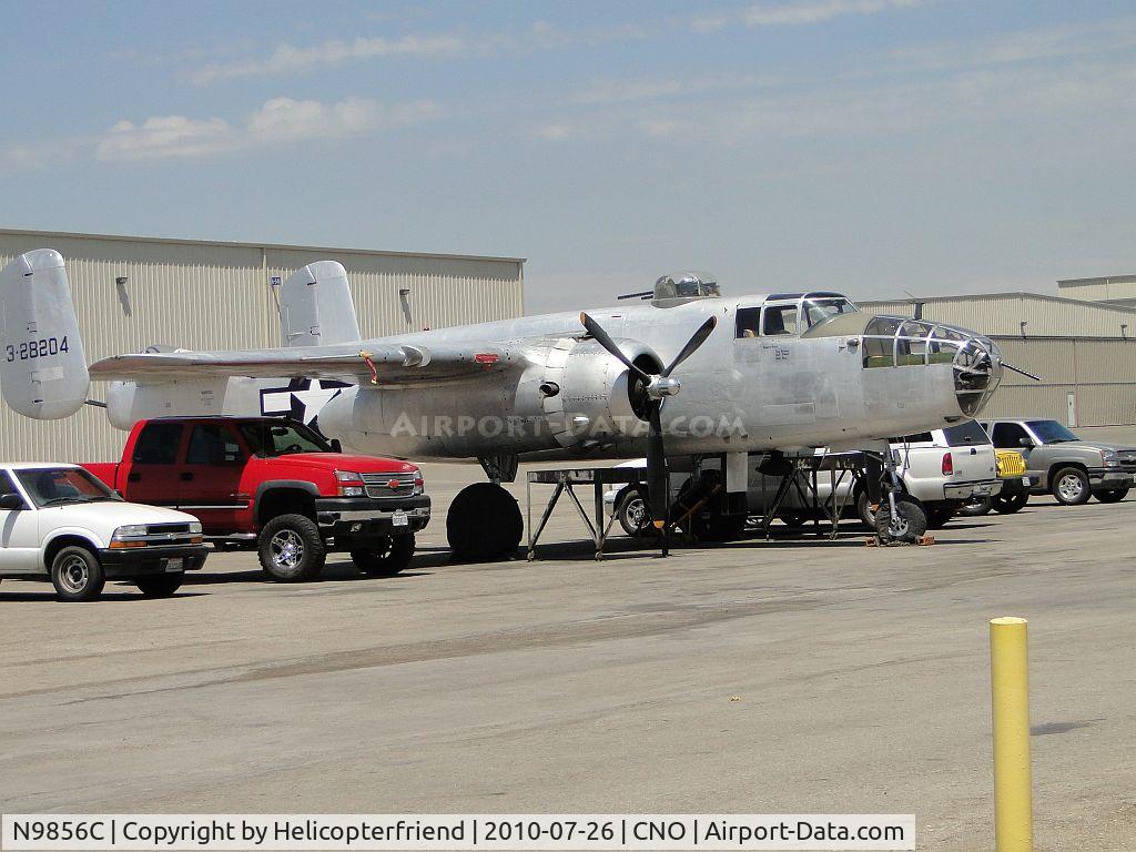 N9856C, 1943 North American TB-25N Mitchell C/N 108-35217, 43-28204 modified as TB-25N in 1953. Sold on civilian market in 1957 as N9856C.  Operated as firefighting plane.Sold in 1968 to Filmways, Inc and used to film Catch-22.  Sold in 1971 to Tallmantz Aviation, CA. Restored by Aero Traders marked as PBJ-1J