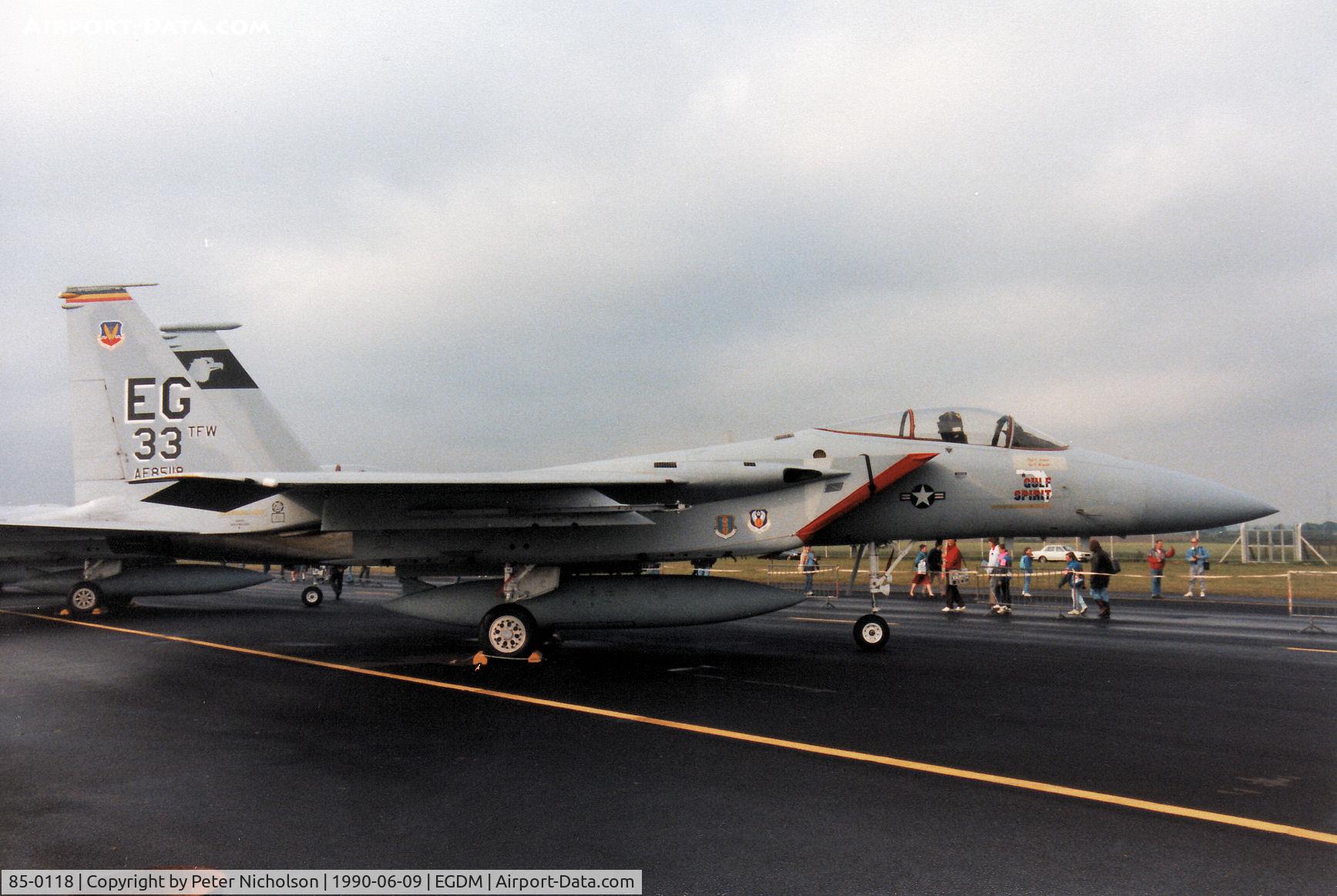 85-0118, 1985 McDonnell Douglas F-15C Eagle C/N 0974/C360, F-15C Eagle, callsign Crow 51 Flight, of 60th Tactical Fighter Squadron/33rd Tactical Fighter Wing on display at the 1990 Boscombe Down Battle of Britain 50th Anniversary Airshow.