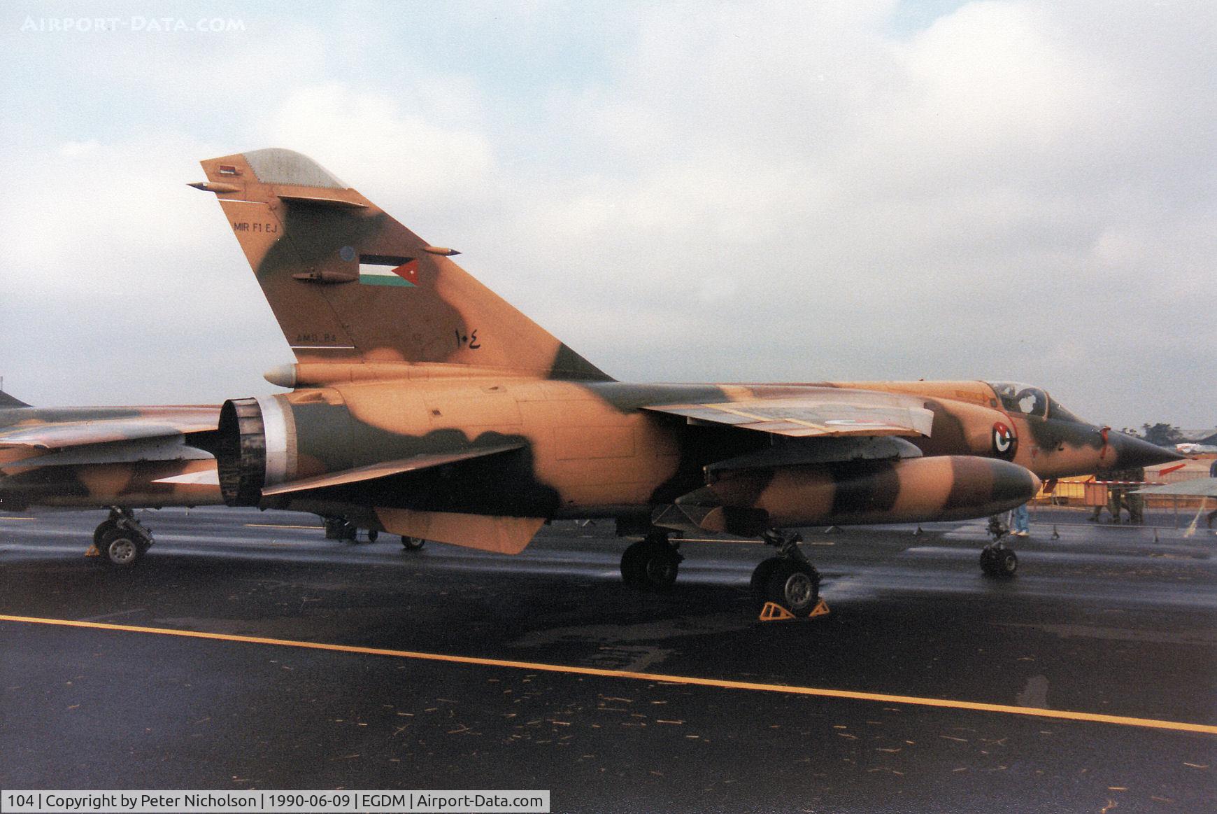 104, Dassault Mirage F.1EJ C/N 57, Mirage F.1EJ of 26 Squadron Royal Jordanian Air Force on display at the 1990 Boscombe Down Battle of Britain 50th Anniversary Airshow.