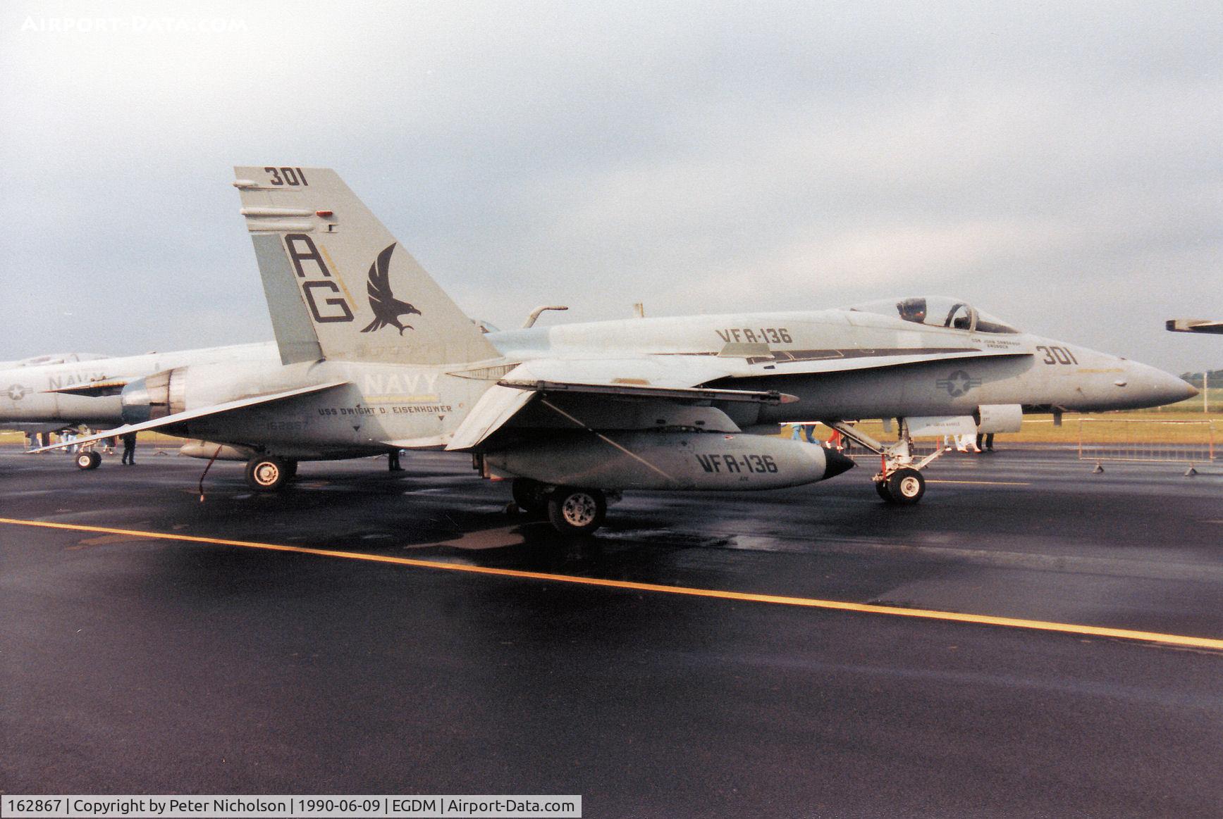 162867, McDonnell Douglas F/A-18A Hornet C/N 0406/A338, F/A-18A Hornet of VFA-136 aboard USS Dwight D Eisenhower on display at the 1990 Boscombe Down Battle of Britain 50th Anniversary Airshow.