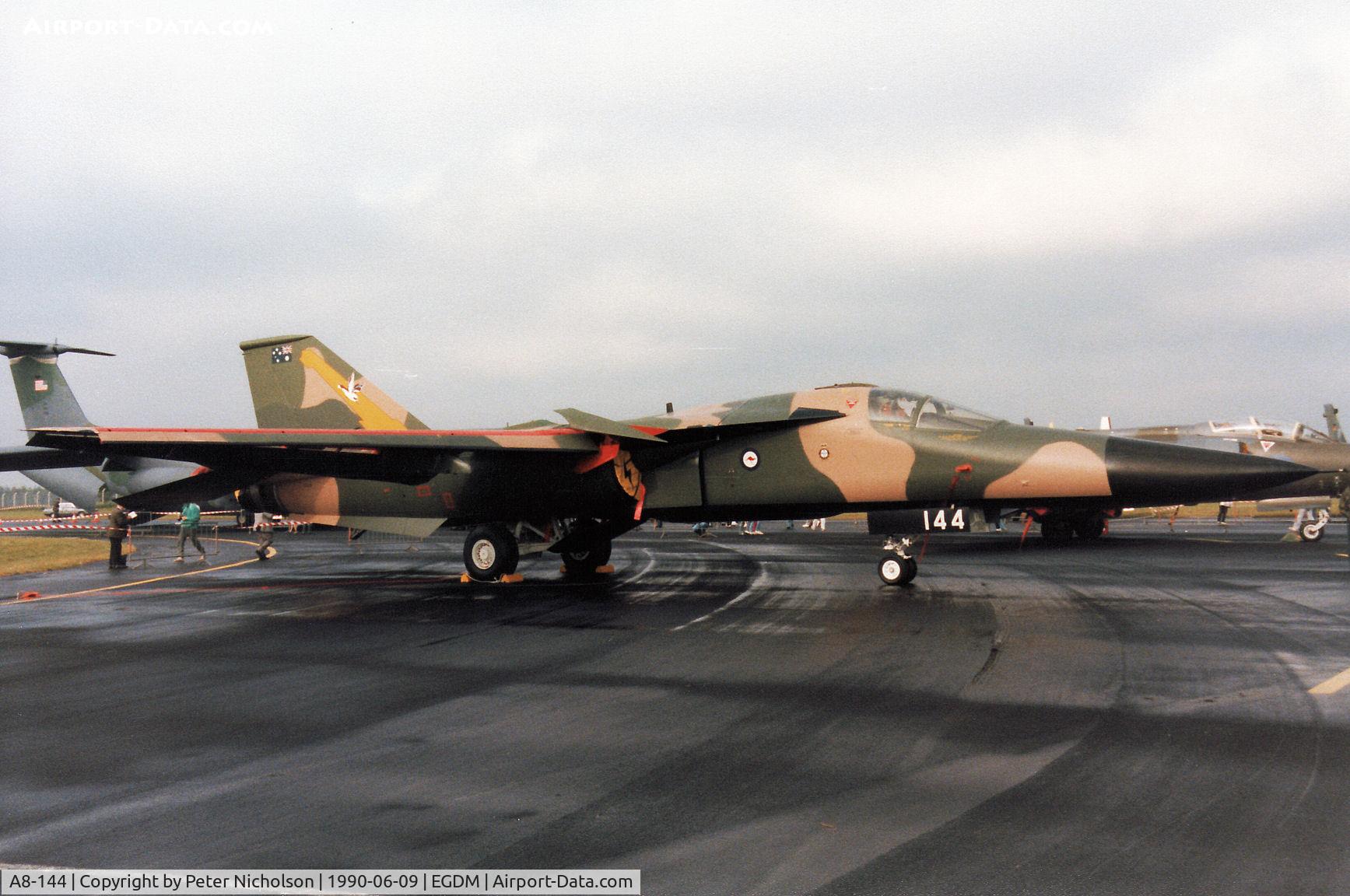 A8-144, 1973 General Dynamics F-111C Aardvark C/N D1-20, F-111C, callsign Embassy 212, of 1 Squadron Royal Australian Air Force on display at the 1990 Boscombe Down Battle of Britain 50th Anniversary Airshow.