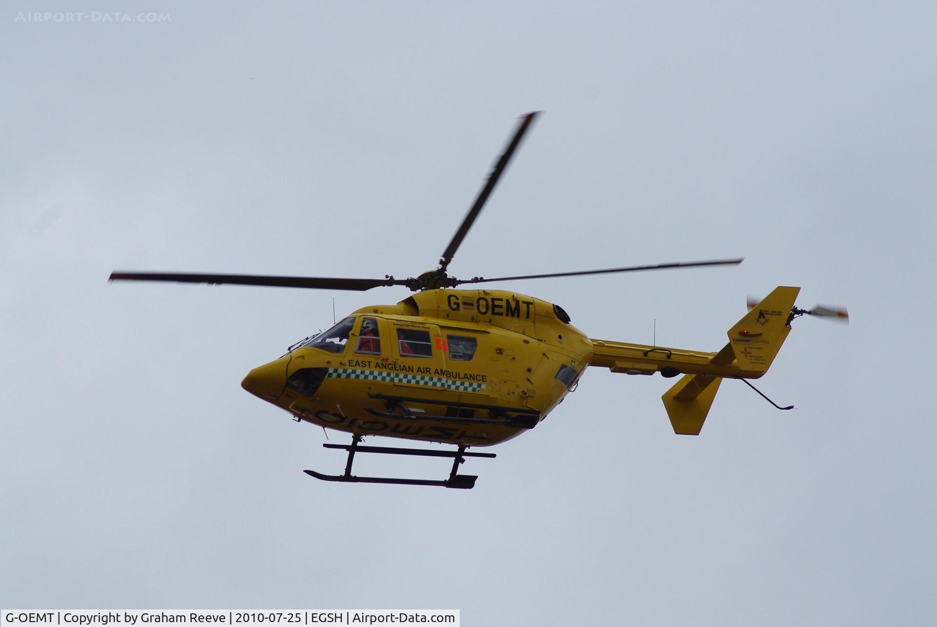 G-OEMT, 2001 Eurocopter-Kawasaki BK-117C-1 C/N 7538, Departing from Norwich.