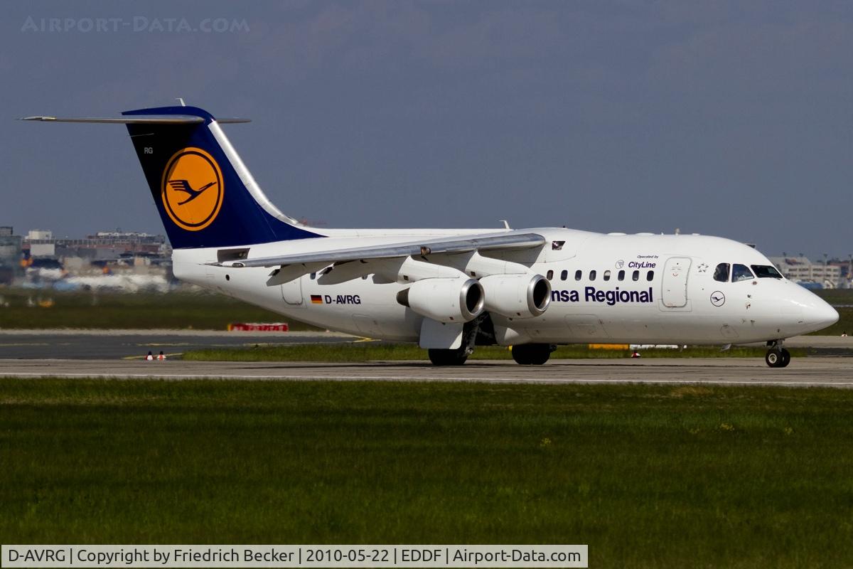 D-AVRG, 1995 British Aerospace Avro 146-RJ85 C/N E.2266, departing via RW18W