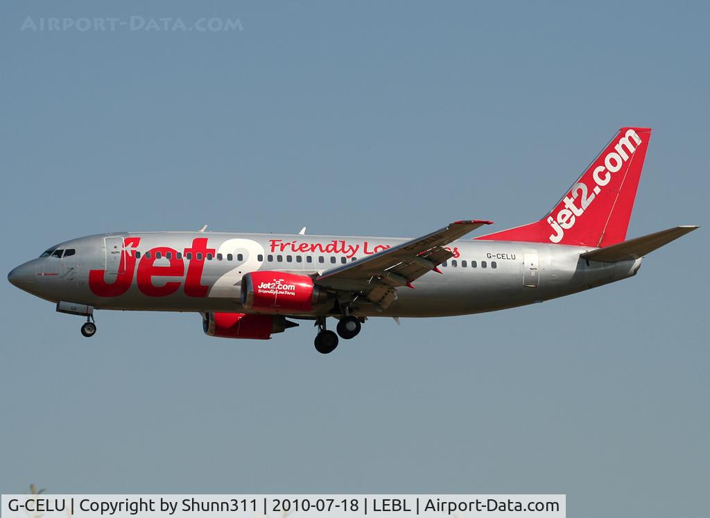 G-CELU, 1986 Boeing 737-377 C/N 23657, Landing rwy 25R... Now with additional titles...