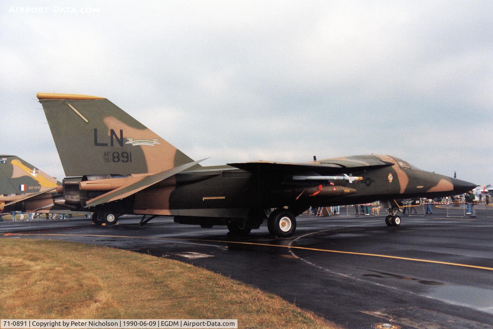 71-0891, 1971 General Dynamics F-111F Aardvark C/N E2-67, F-111F, callsign Topcat 32, of Lakenheath's 493rd Tactical Fighter Squadron/48th Tactical Fighter Wing on display at the 1990 Boscombe Down Battle of Britain 50th Anniversary Airshow.