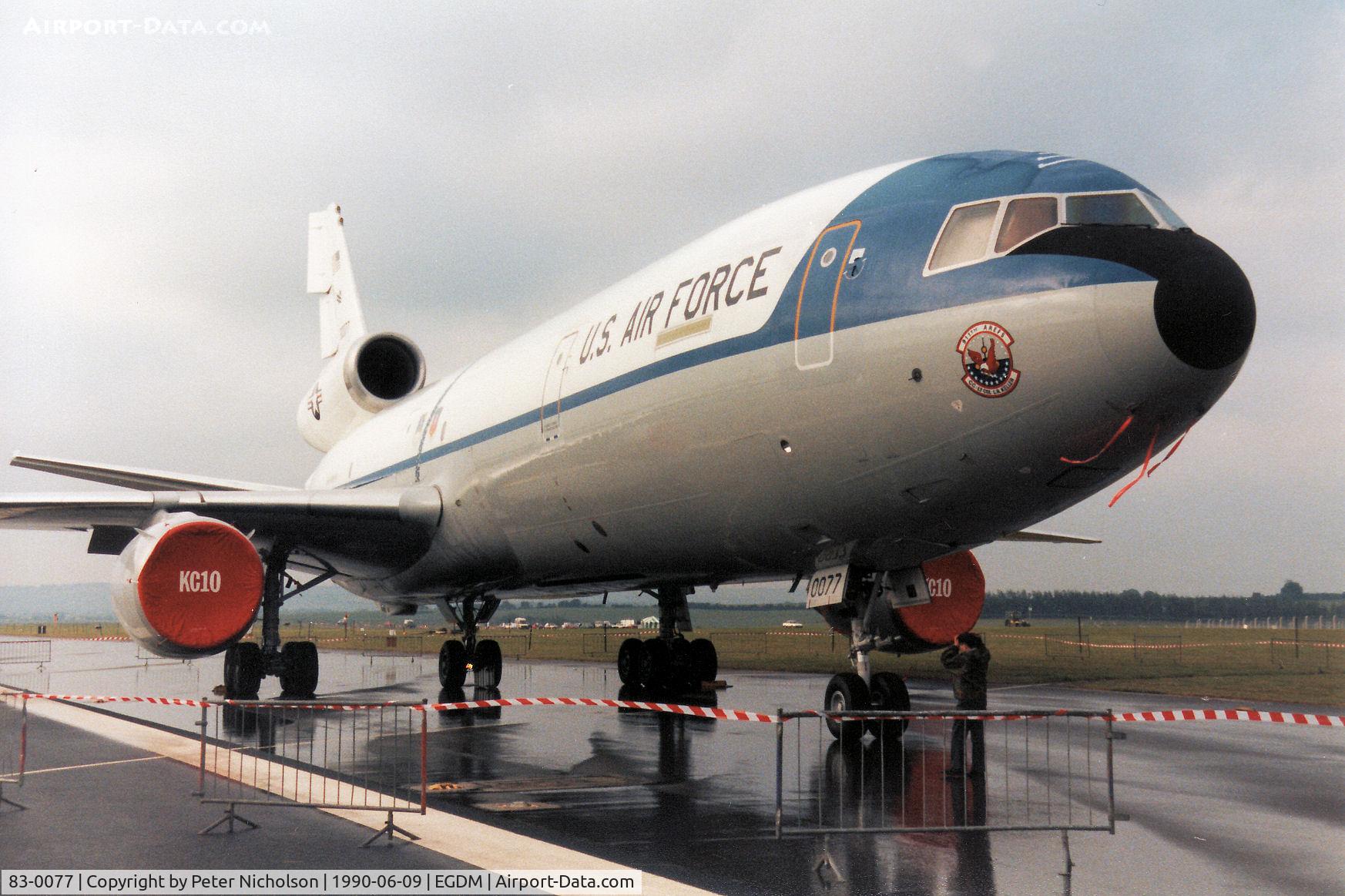 83-0077, 1983 McDonnell Douglas KC-10A Extender C/N 48218, KC-10A Extender, callsign Embassy 25, of 68th Air Refuelling Wing on display at the 1990 Boscombe Down Battle of Britain 50th Anniversary Airshow.