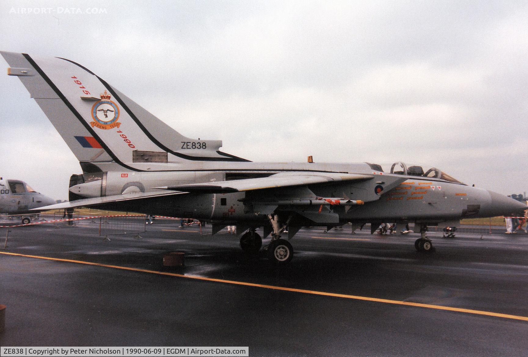ZE838, 1998 Panavia Tornado F.3 C/N 3335, Tornado F.3, callsign SRB 36, of 25 Squadron at RAF Leeming with 75th anniversary markings on display at the 1990 Boscombe Down Battle of Britain 50th Anniversary Airshow.