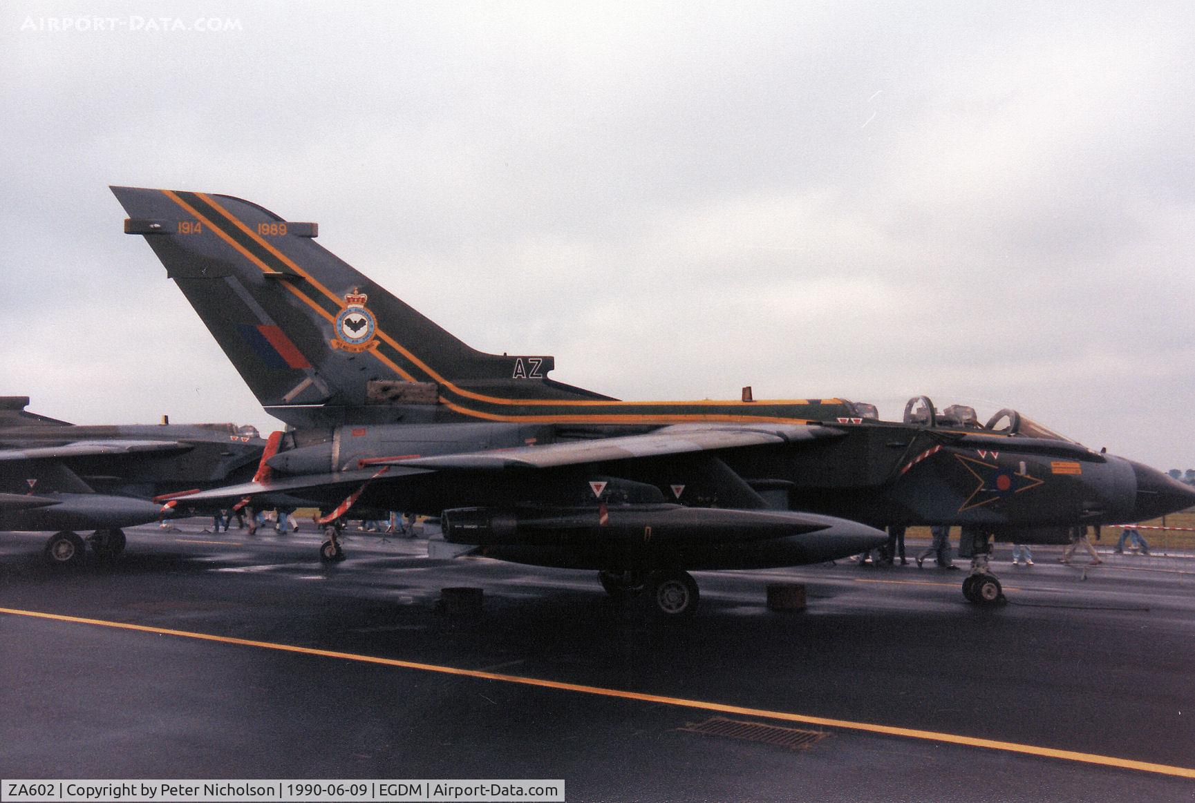 ZA602, 1982 Panavia Tornado GR.1 C/N 127/BT026/3066, Tornado GR.1, callsign Rafair 513, of 9 Squadron at RAF Bruggen in 75th anniversary markings on display at the 1990 Boscombe Down Battle of Britain 50th Anniversary Airshow.