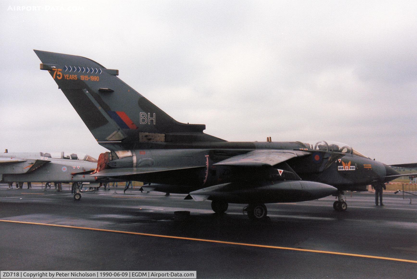 ZD718, 1984 Panavia Tornado GR.1 C/N 346/BS119/2334, Tornado GR.1, callsign Rafair 531, of RAF Bruggen's 14 Squadron in 75th anniversary markings on display at the 1990 Boscombe Down Battle of Britain 50th Anniversary Airshow.