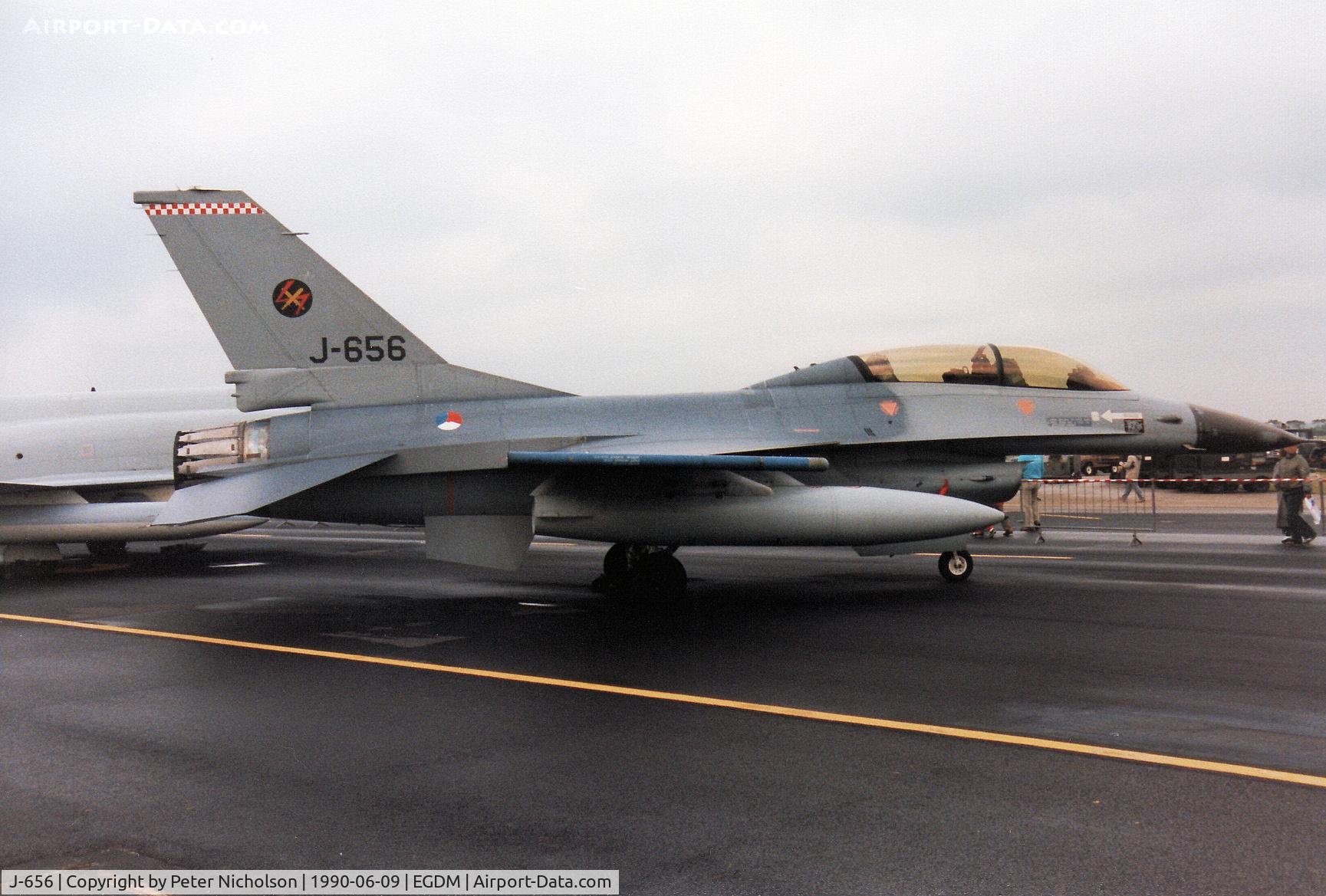 J-656, Fokker F-16B Fighting Falcon C/N 6E-21, F-16B Falcon, callsign Netherlands Air Force 312, of 312 Squadron on display at the 1990 Boscombe Down Battle of Britain 50th Anniversary Airshow.