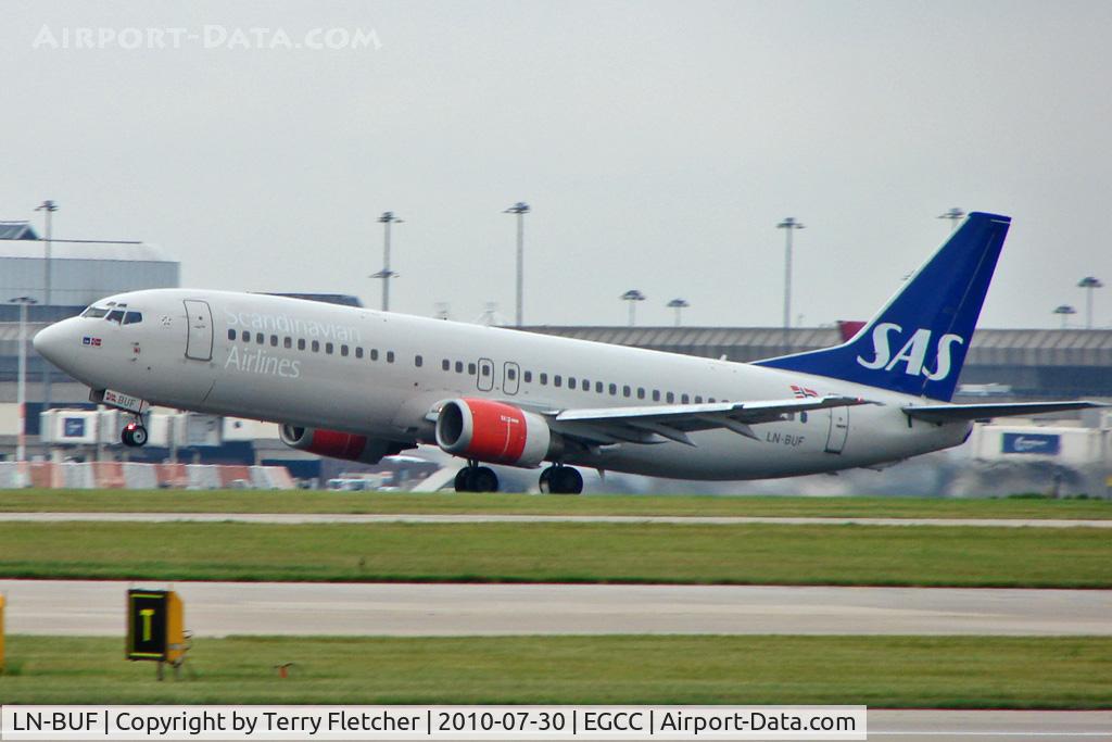 LN-BUF, 1997 Boeing 737-405 C/N 25795, SAS Boeing 737-405, c/n: 25795 departs from Manchester Uk