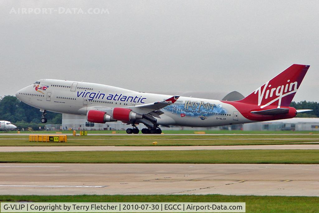 G-VLIP, 2001 Boeing 747-443 C/N 32338, Virgin Atlantic's 2001 Boeing BOEING 747-443, c/n: 32338 in Harry Potter colour scheme at Manchester UK