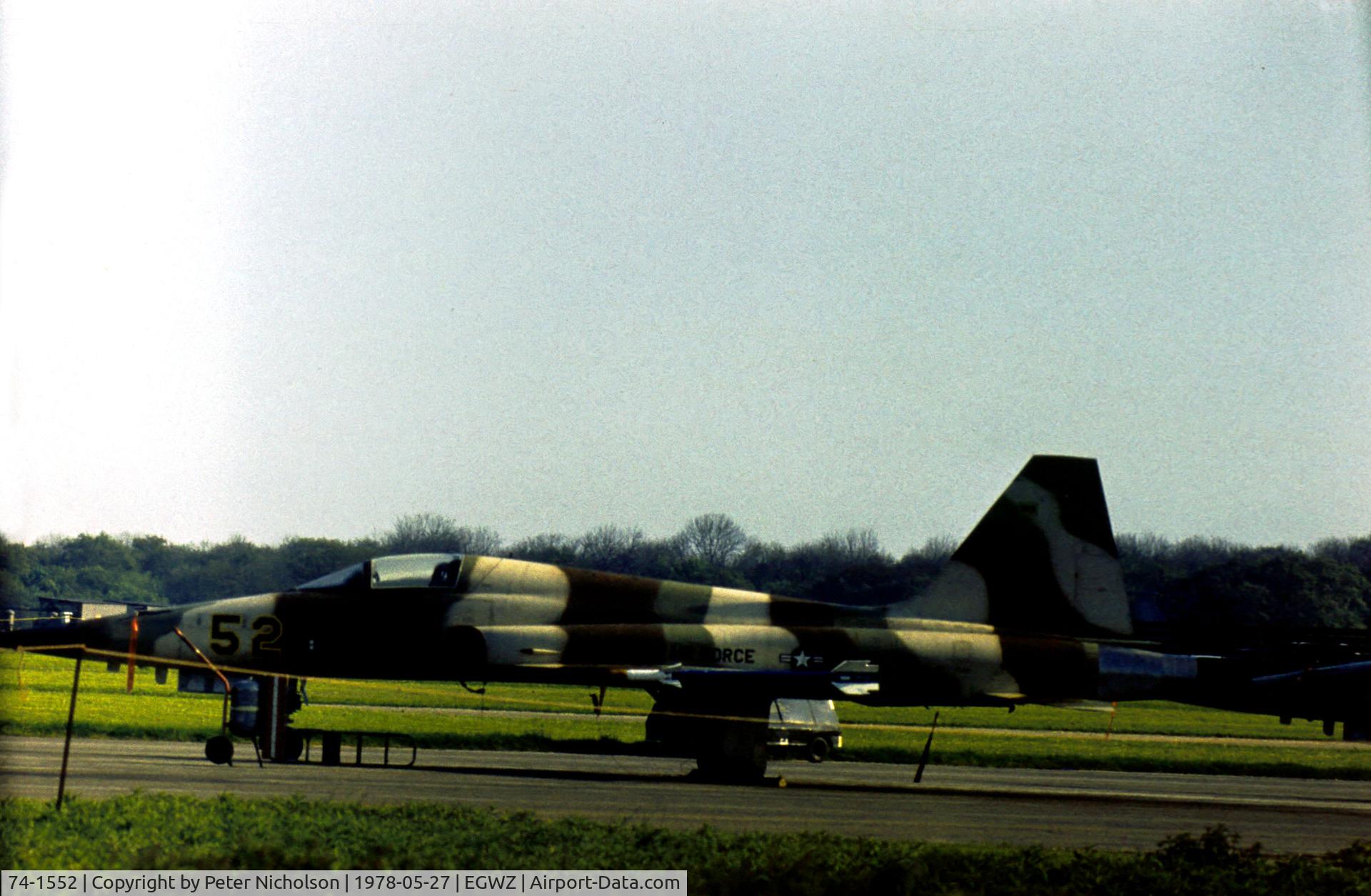 74-1552, 1974 Northrop F-5E Tiger II C/N R.1210, F-5E Tiger II of 527th Tactical Fighter Training Aggressor Squadron at RAF Alconbury in May 1978. Sadly, this aircraft crashed there three months later.