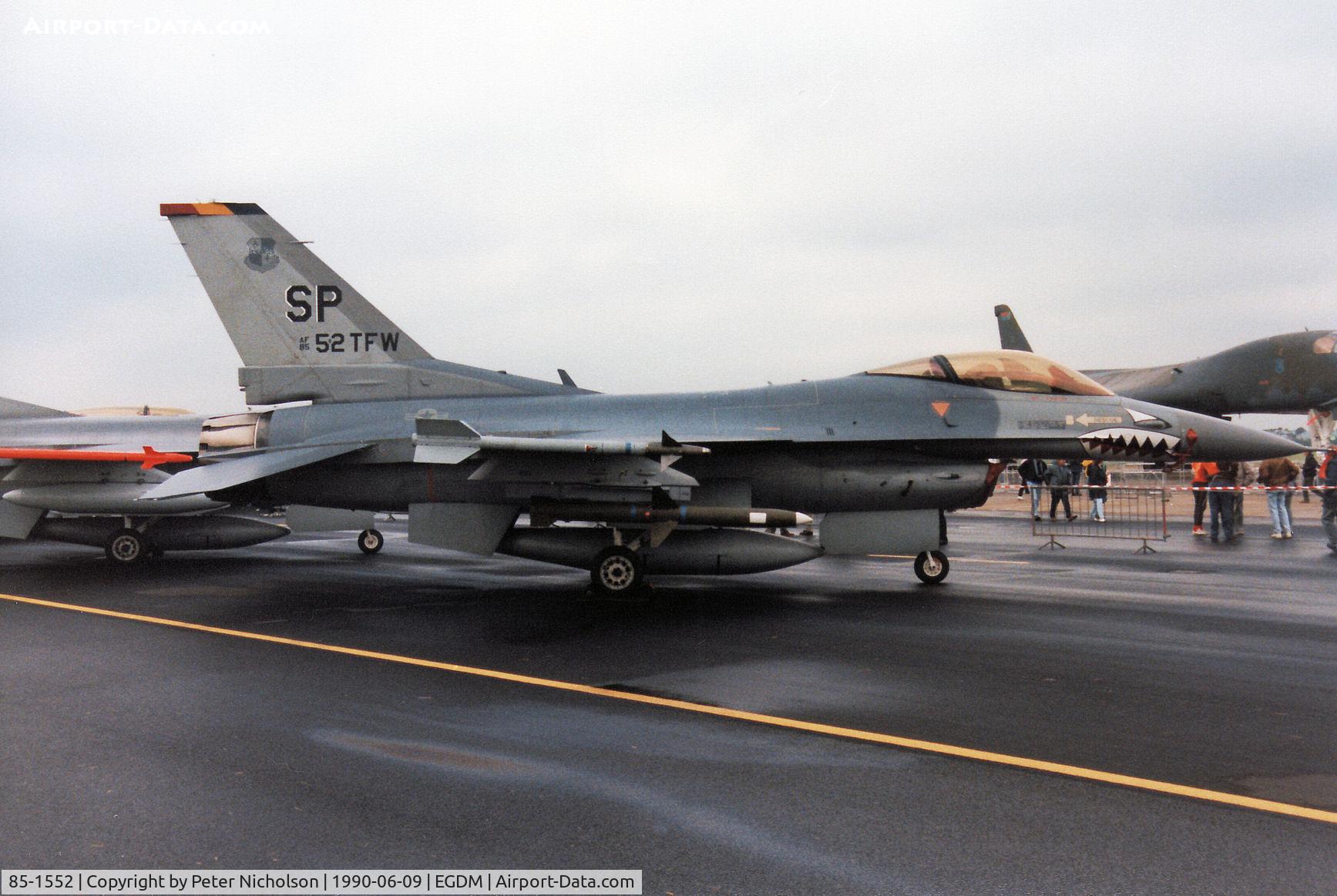 85-1552, 1985 General Dynamics F-16C Fighting Falcon C/N 5C-294, F-16C Falcon of Spangdahlem's 52nd Tactical Fighter Wing on display at the 1990 Boscombe Down Battle of Britain 50th Anniversary Airshow.