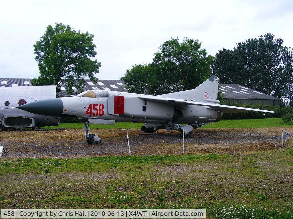 458, Mikoyan-Gurevich MiG-23ML C/N 024003607, Mikoyan Gurevich Mig 23ML repainted in Polish Air Force Markings and wearing the code 458. This aircraft is on loan from Hawarden Air Services