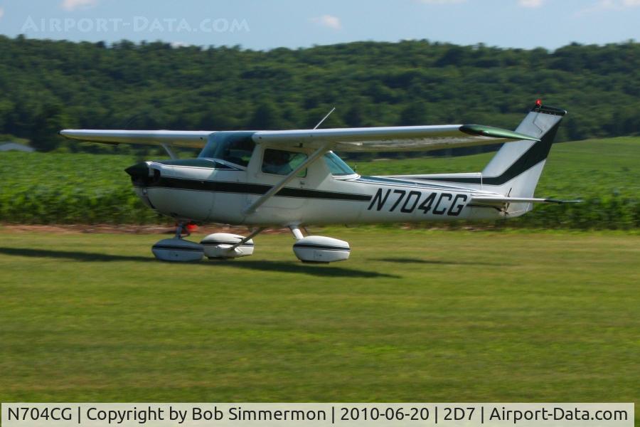 N704CG, 1976 Cessna 150M C/N 15078500, Departing the Father's Day breakfast fly-in, Beach City, Ohio.