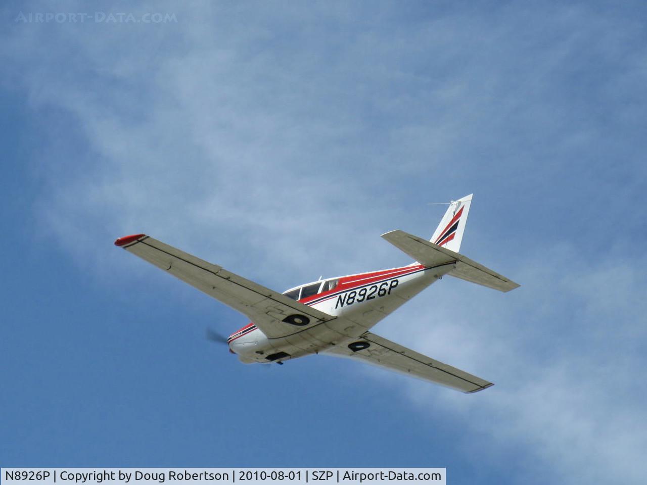 N8926P, Piper PA-24-260 Comanche C/N 24-4382, 1966 Piper PA-24-260 COMANCHE, Lycoming IO-540-D4A5 260 Hp, takeoff climb. The Comanche sleek design was Pug Piper's answer to high wing tube & fabric dated designs, bearing a stabilator movable tailplane, eliminating the elevator, and with swept tailfin.