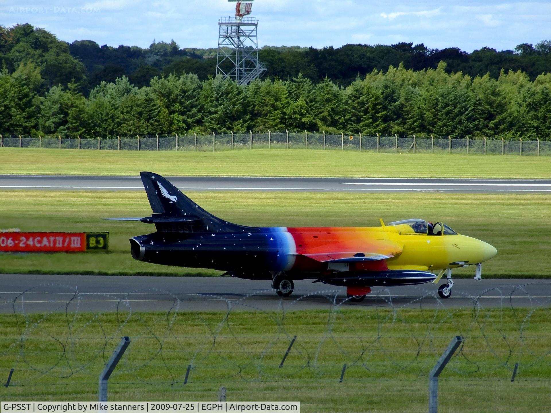 G-PSST, 1959 Hawker Hunter F.58A C/N HABL-003115, Miss demenor arrives back at EDI After a display at East fortune,carrying 2x wing tanks
