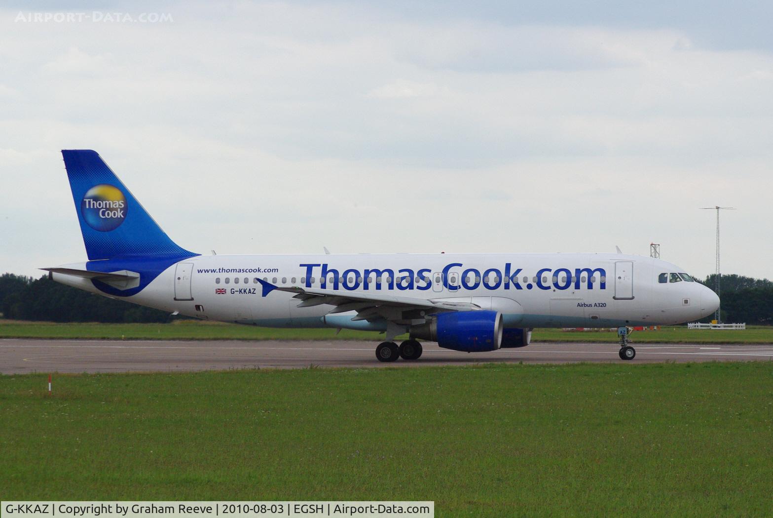 G-KKAZ, 2003 Airbus A320-214 C/N 2003, About to depart from Norwich.
