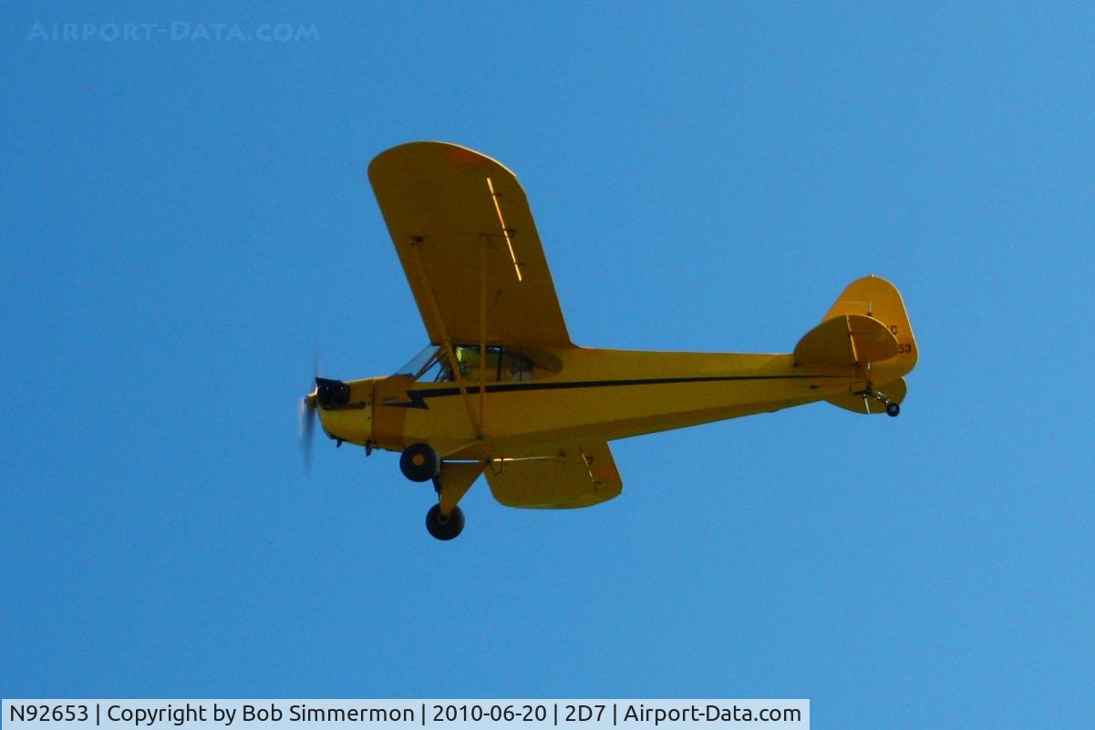 N92653, 1946 Piper J3C-65 Cub Cub C/N 17026, Overflying Beach City, Ohio during the Father's Day fly-in.