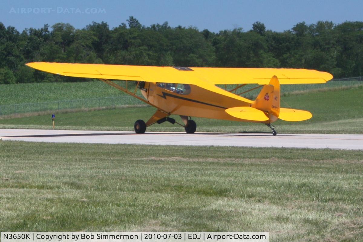 N3650K, 1946 Piper J3C-65 Cub C/N 22344, Departing Bellefontaine, Ohio during the 2010 air show.